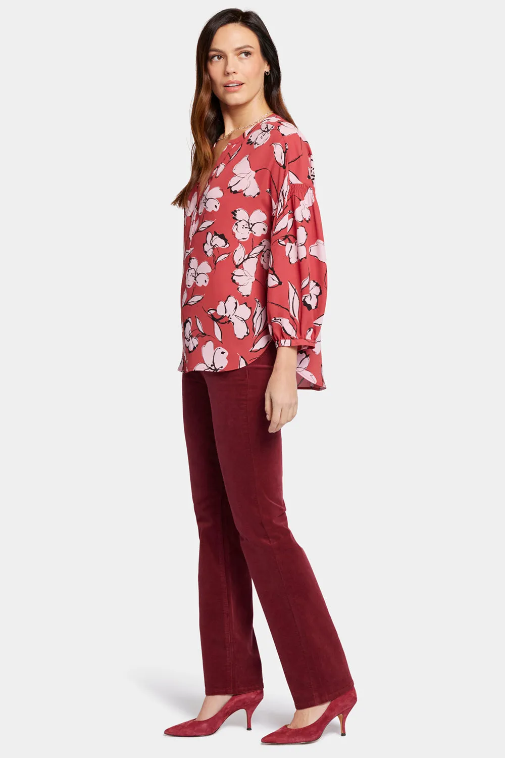 NYDJ Paulina Bountiful Bluse Rot Multi mit Knopfleiste