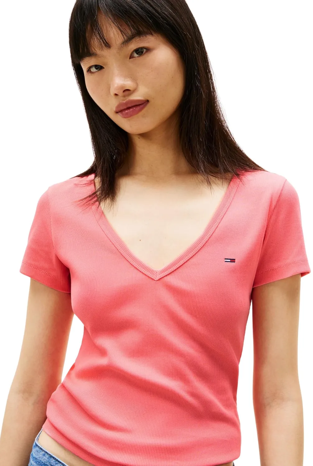 Tommy Jeans Essential Rib V-Ausschnitt T-Shirt Damen Schwarz Slim