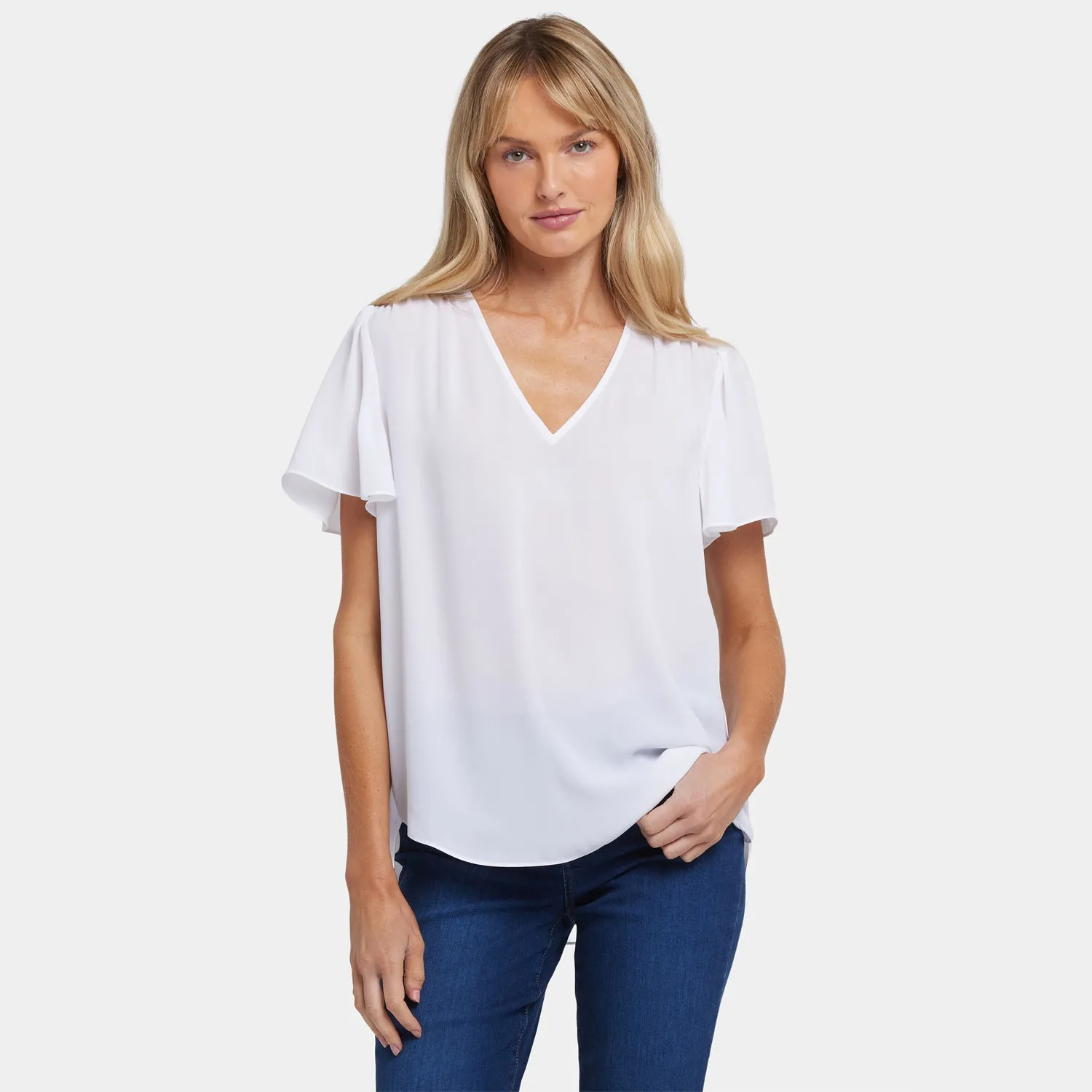NYDJ Pleated Flutter Bluse Optic White V-Ausschnitt