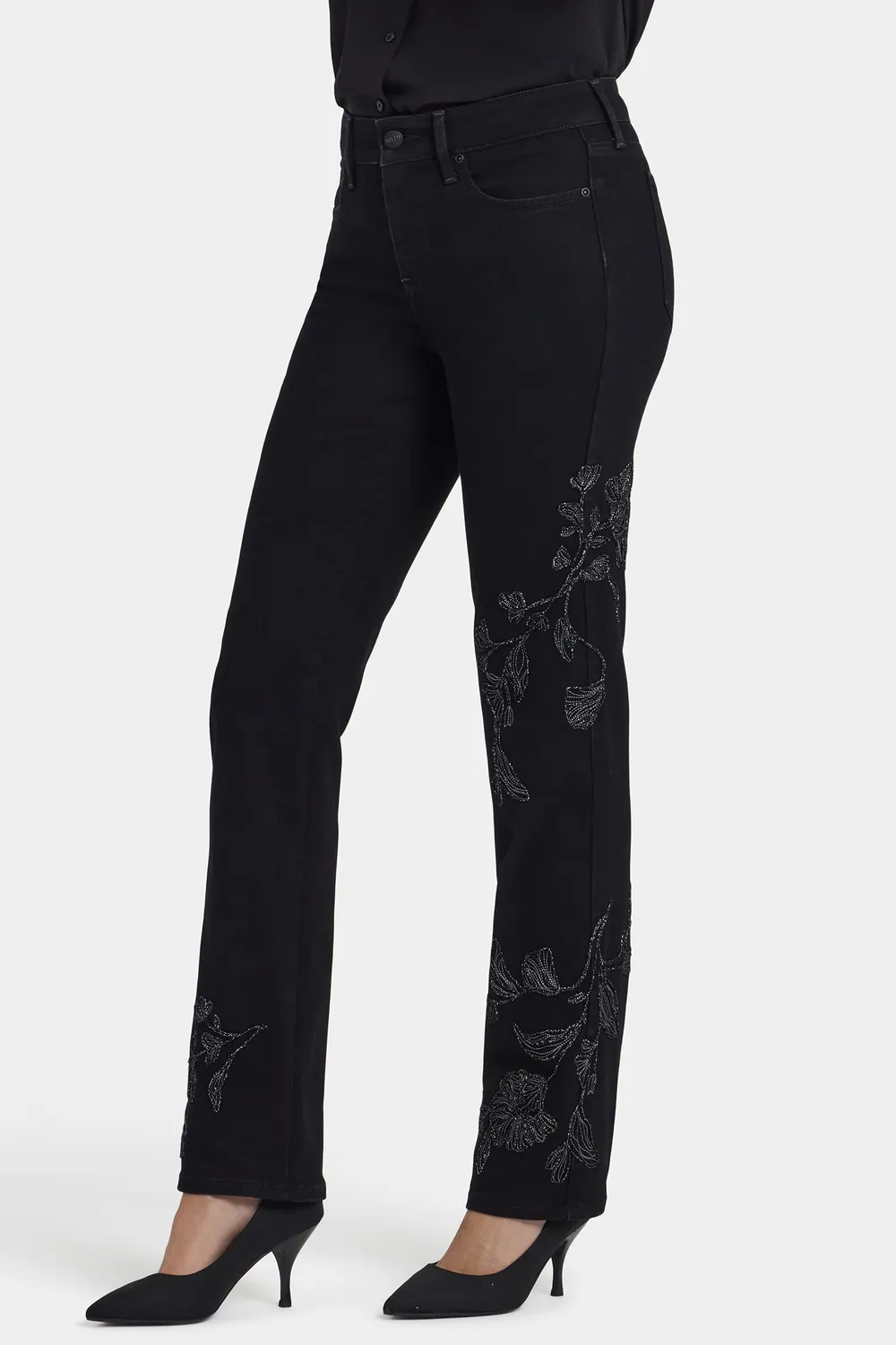 NYDJ Marilyn Straight Jeans Black Rinse Stickerei