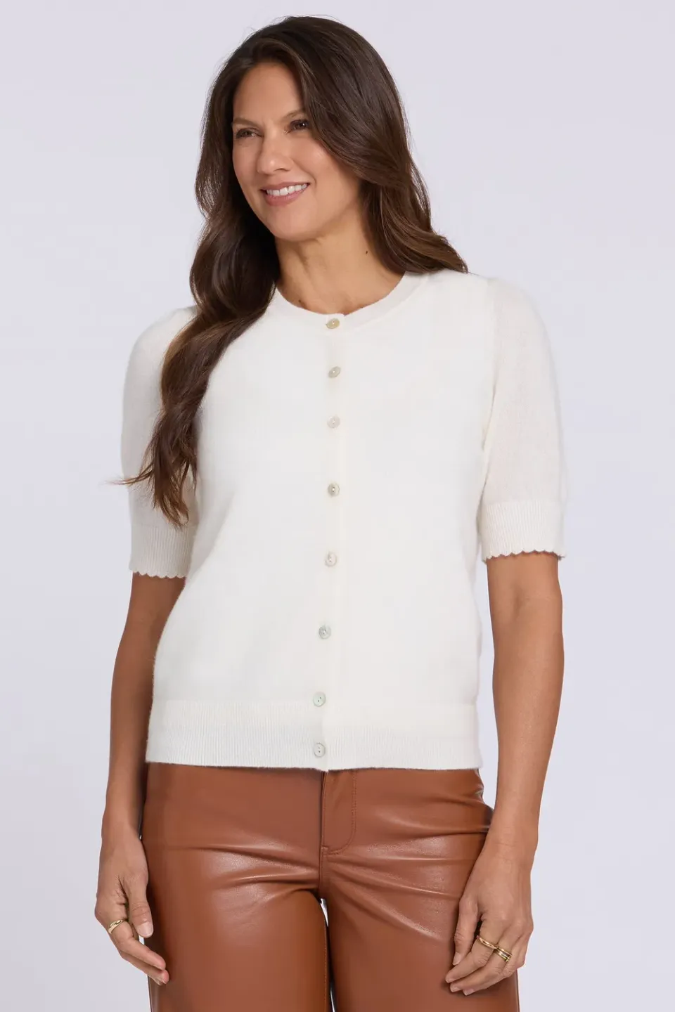 NYDJ Cashmere Crewneck Cardigan Ivory kurzarm