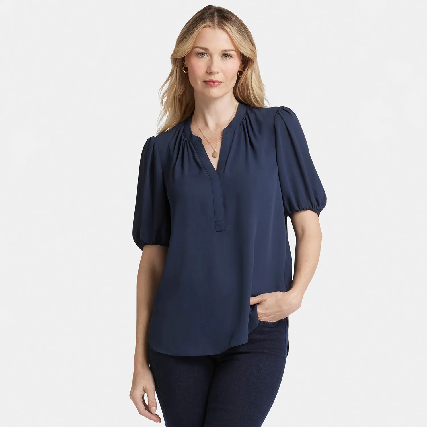 NYDJ Short Puff Sleeve Popover Bluse Navy