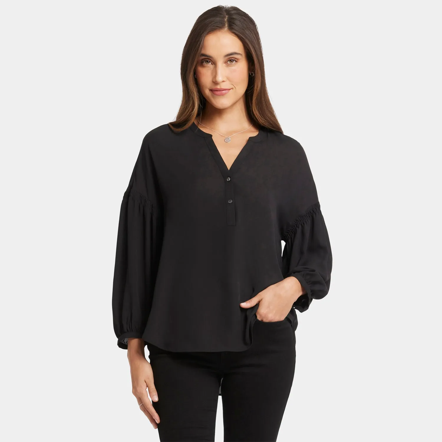 NYDJ Paulina Peasant Bluse Schwarz Knopfleiste