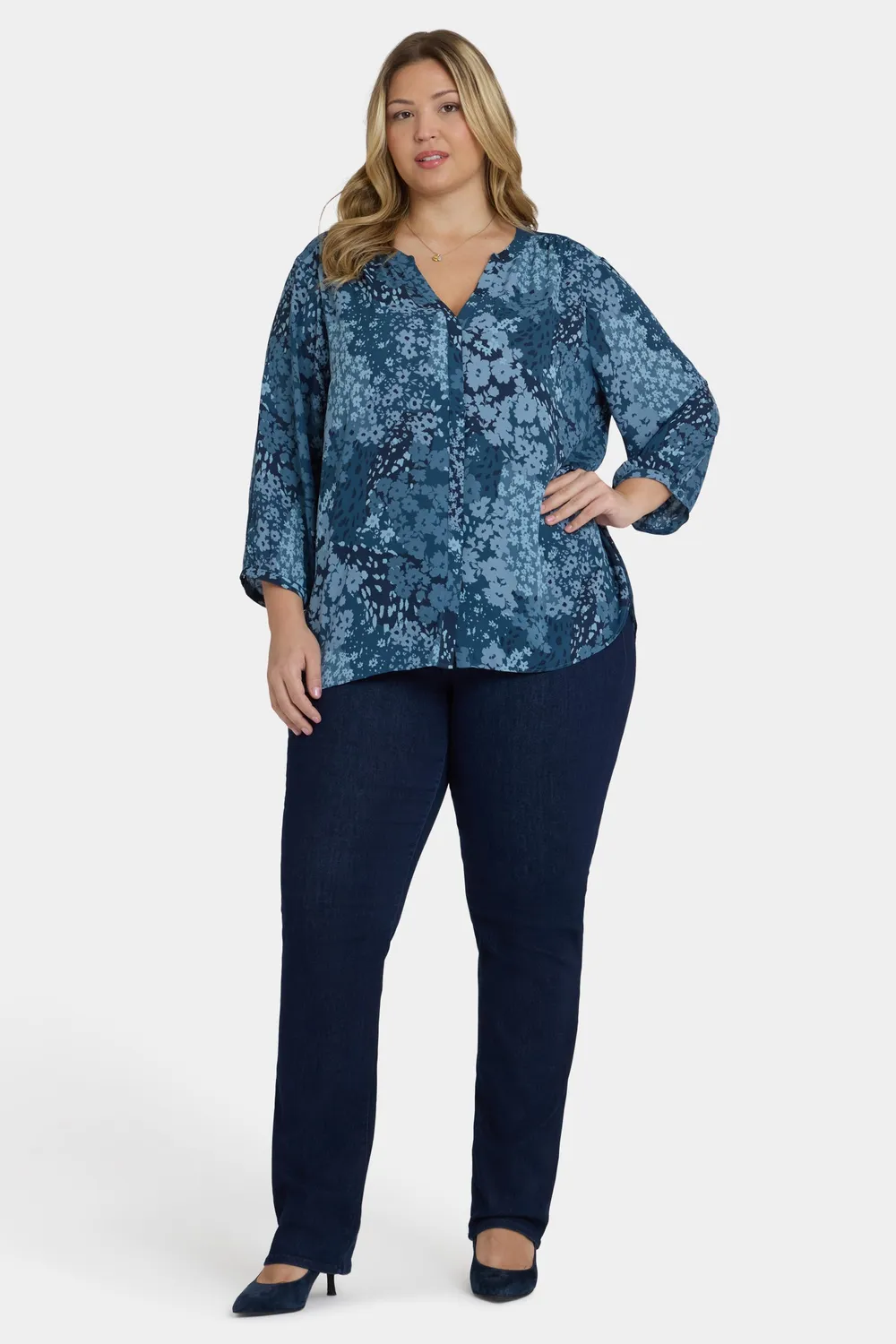 NYDJ Pintuck Bluse Belleville Plus Floral 3/4-Arm