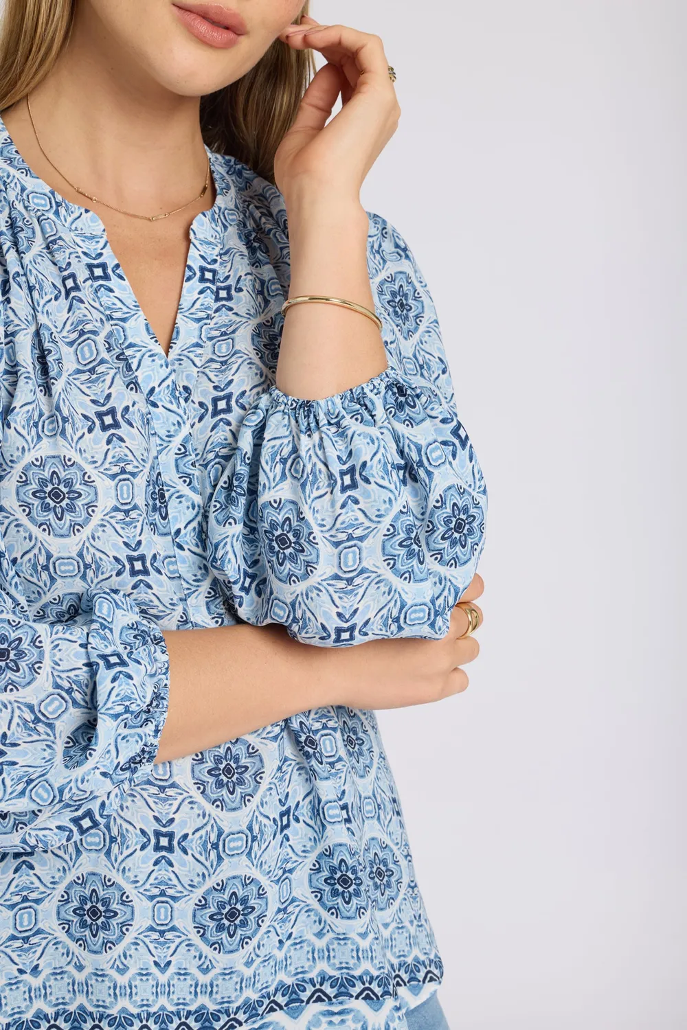 NYDJ Puff Sleeved Popover Bluse Azure Sky Georgette