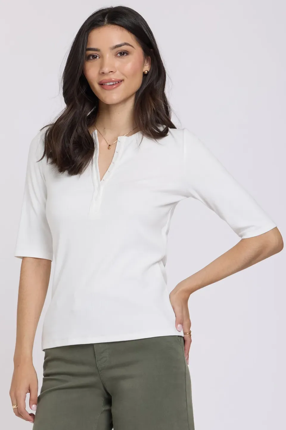 NYDJ Ribbed Elbow Sleeved Henley Shirt Optic White