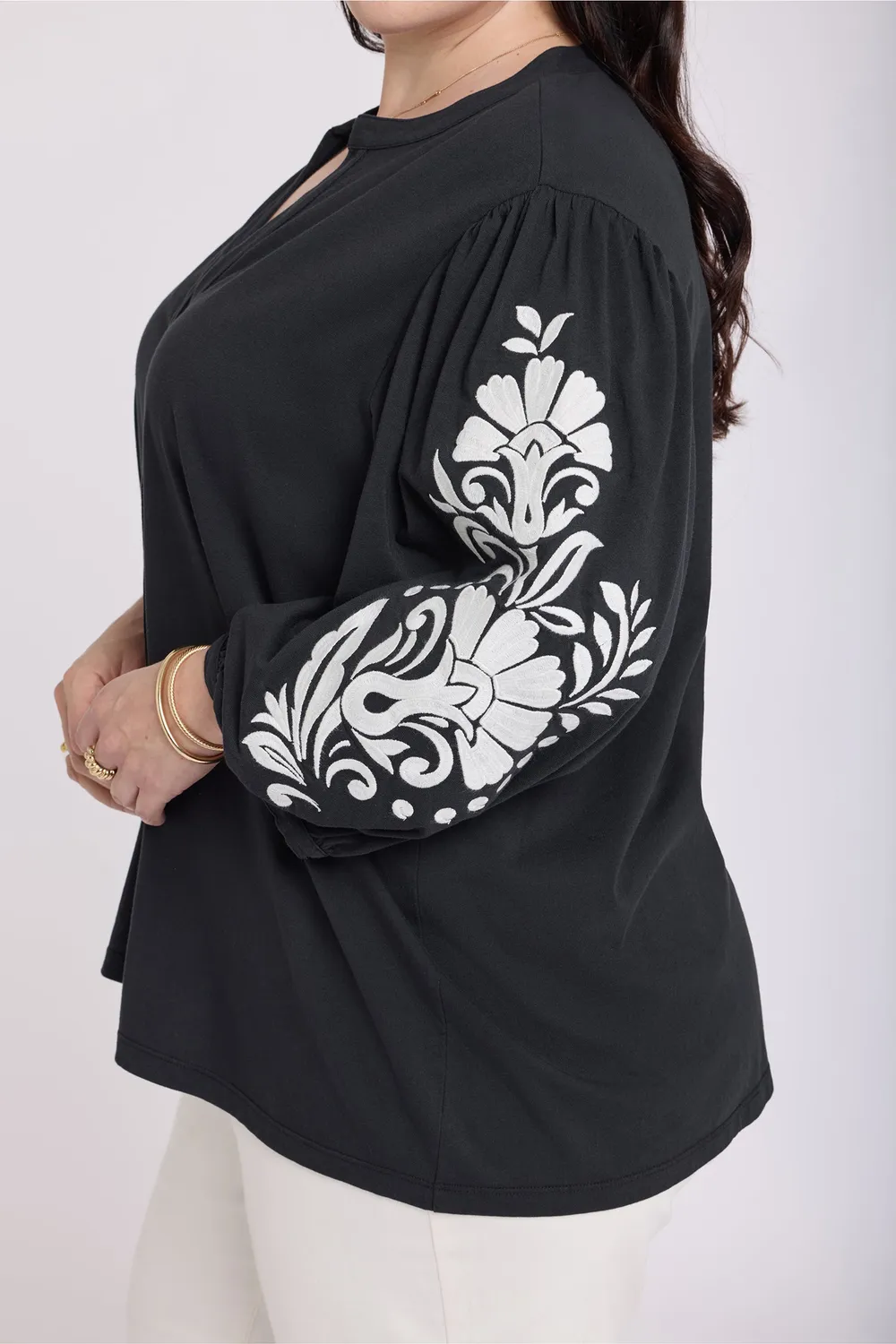 NYDJ Embroidered Knit Bluse Black Ivory Baumwolle