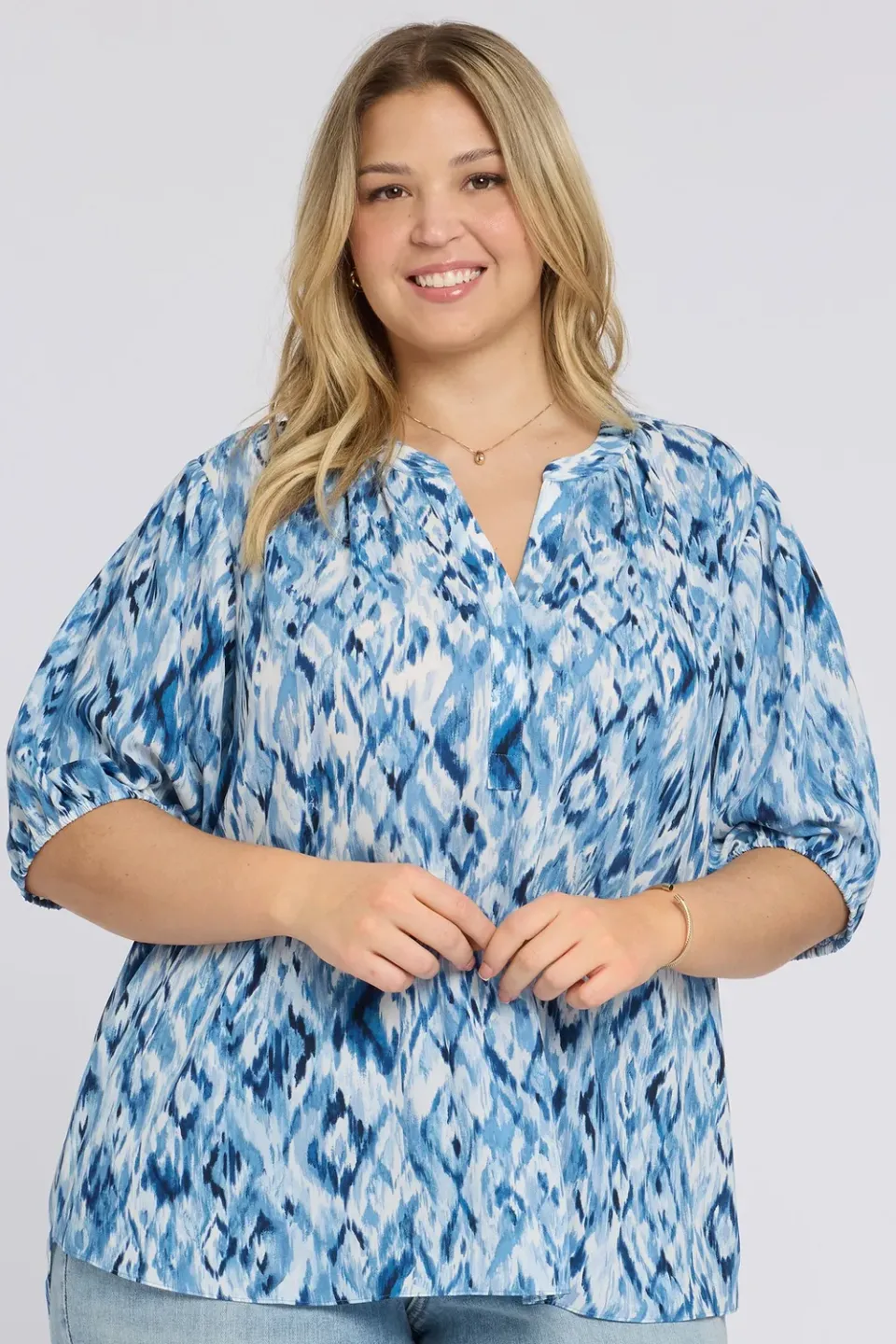 NYDJ Short Puff Sleeved Popover Top Bluse Blue Visions Plus
