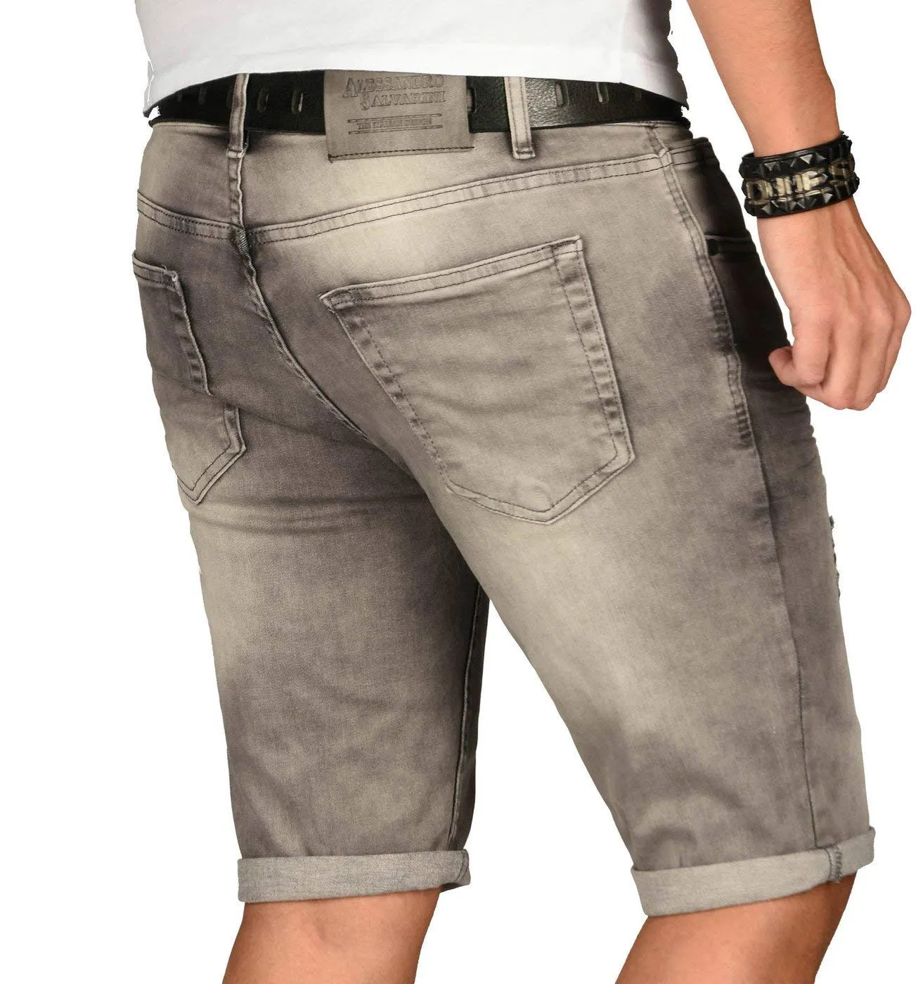 Alessandro Salvarini Designer Jeans Shorts Herren Dunkelblau Used W30