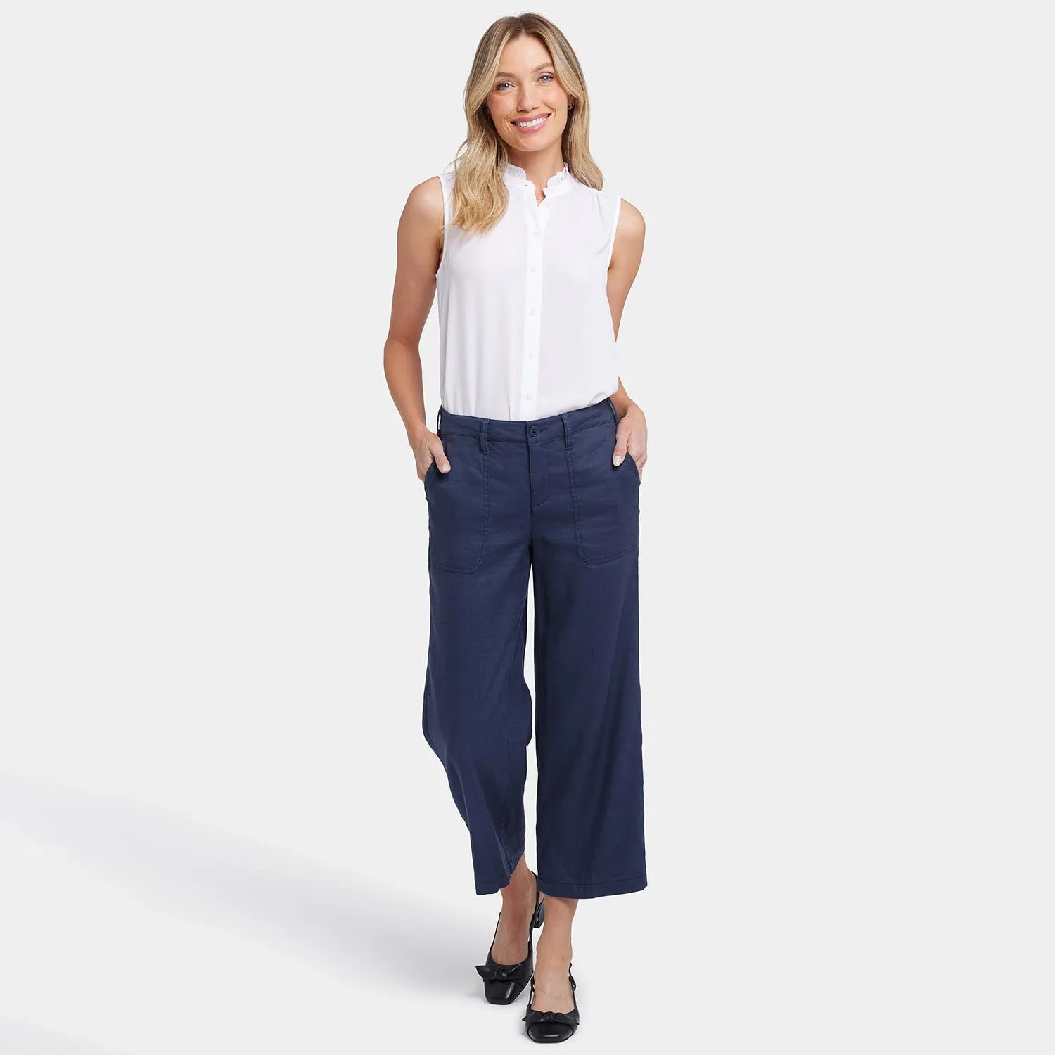 NYDJ Wide Leg Cargo Capri Caprihose Oxford Navy Petite Stretch-Leinen