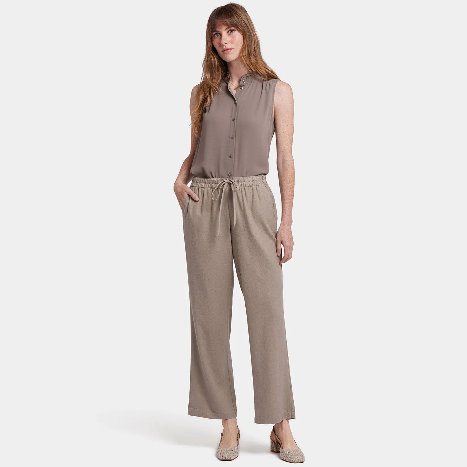 NYDJ Relaxed Drawstring Pull-On Pants Saddlewood Leinenhose Beige