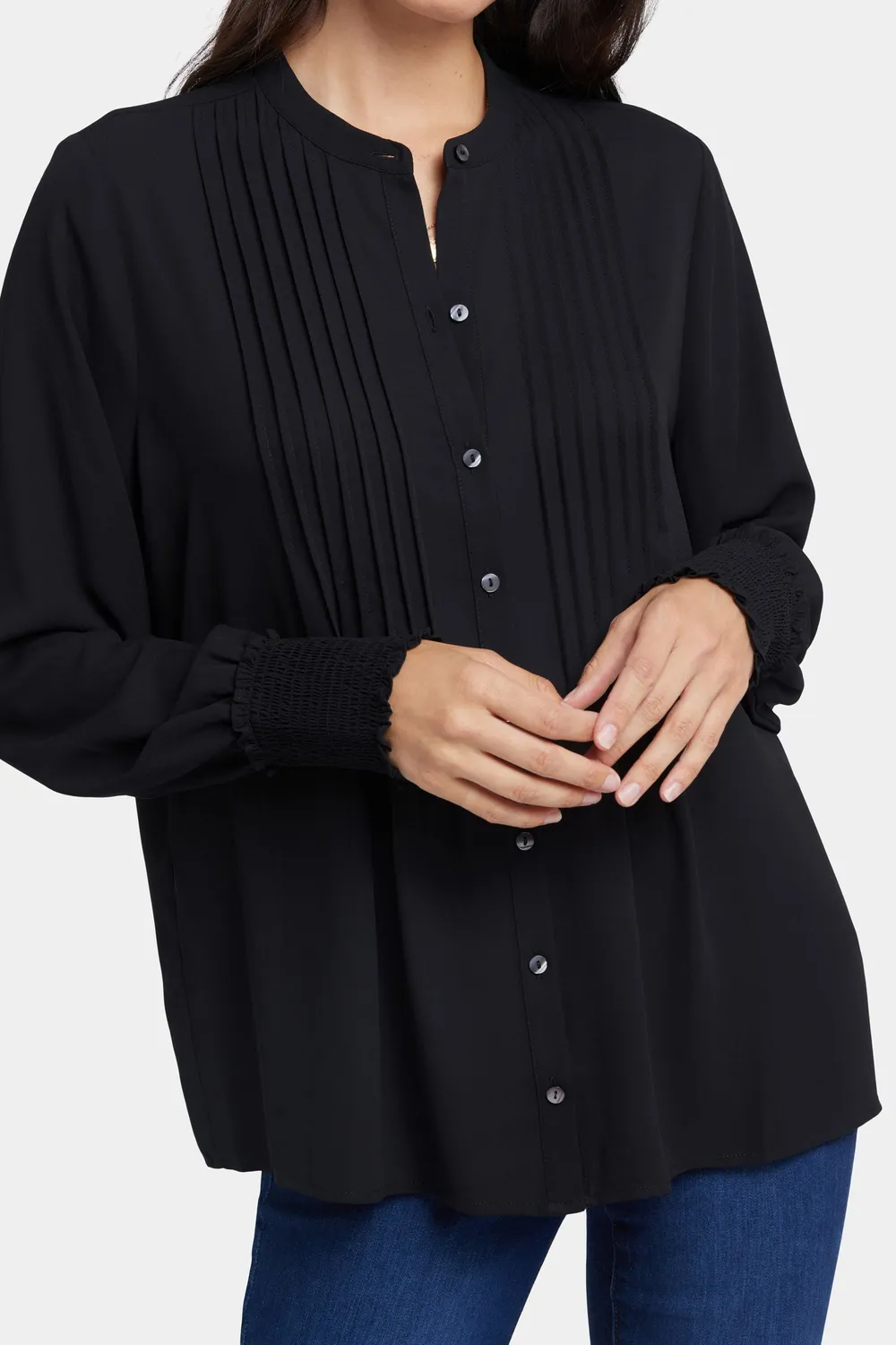 NYDJ Pleated Peasant Bluse Schwarz Smokebündchen