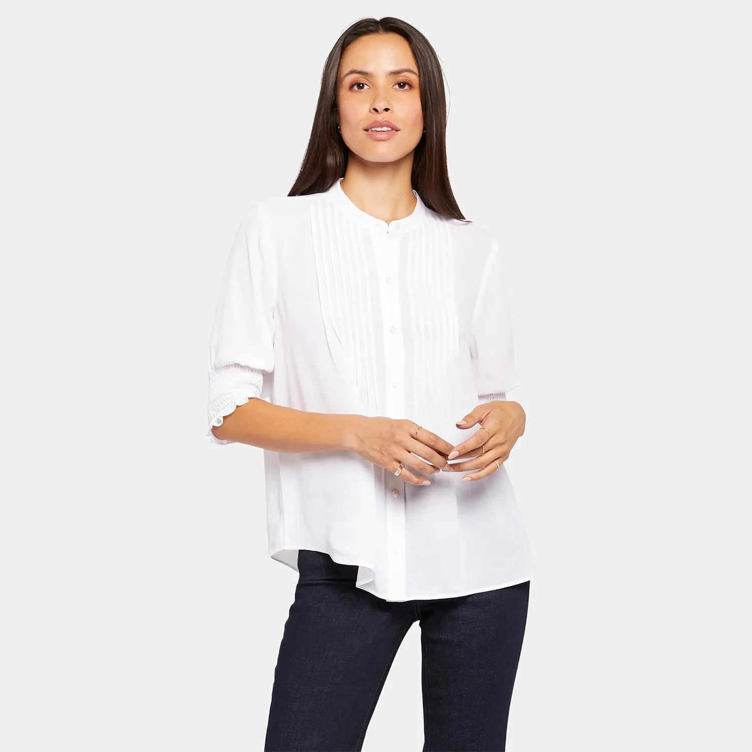 NYDJ Pleated Bluse Optic White Kurzarm mit Smok