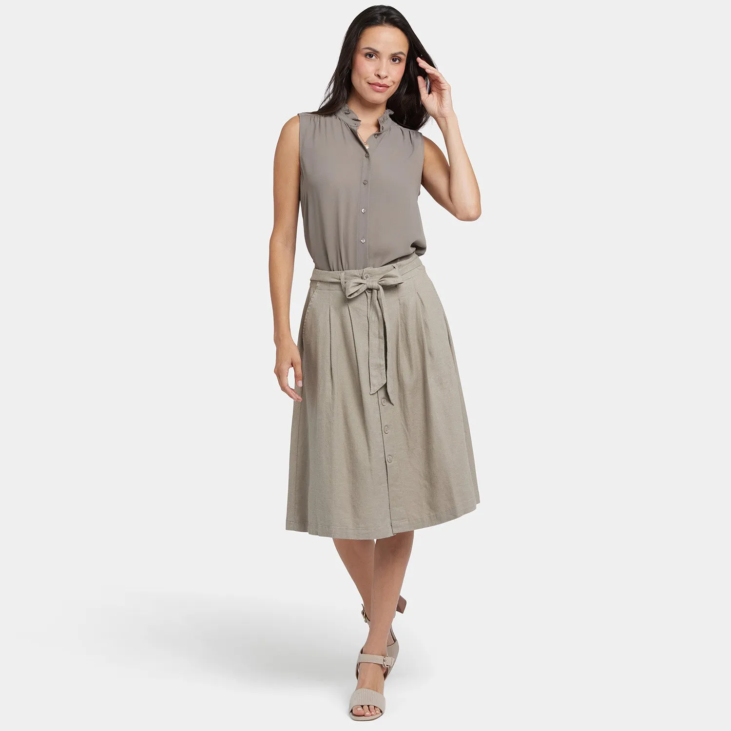 NYDJ Button Front Midi Rock Saddlewood Leinen Beige