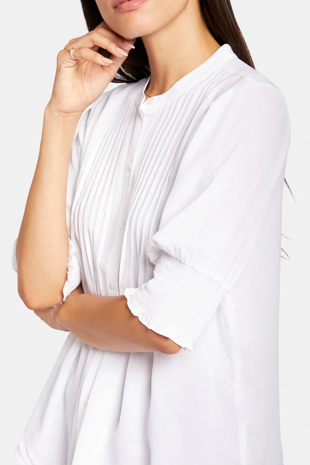 NYDJ Pleated Bluse Optic White Kurzarm mit Smok