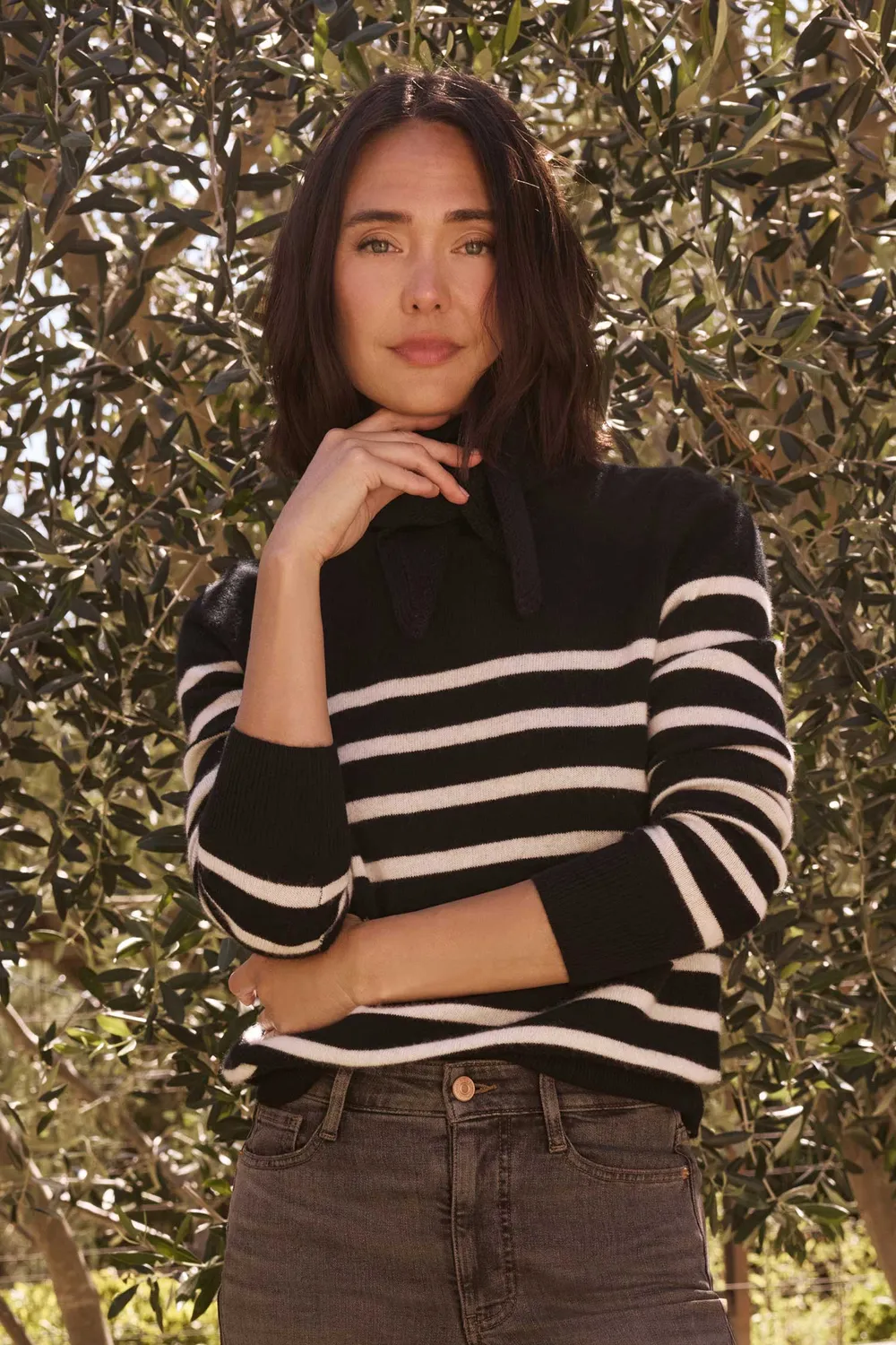 NYDJ Striped Cashmere Crewneck Sweater Pullover Black Ivory Rundhals