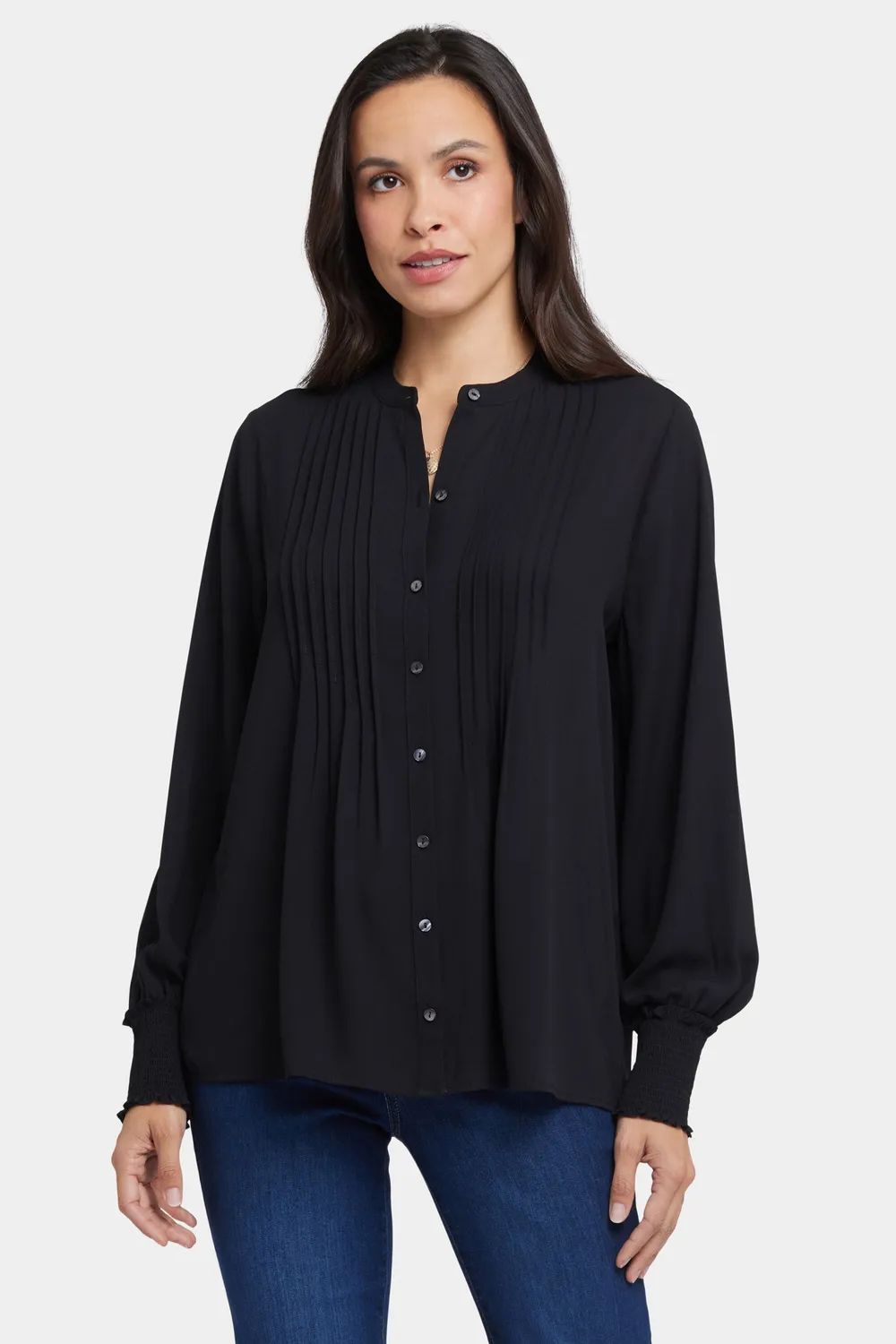 NYDJ Pleated Peasant Bluse Schwarz Smokebündchen