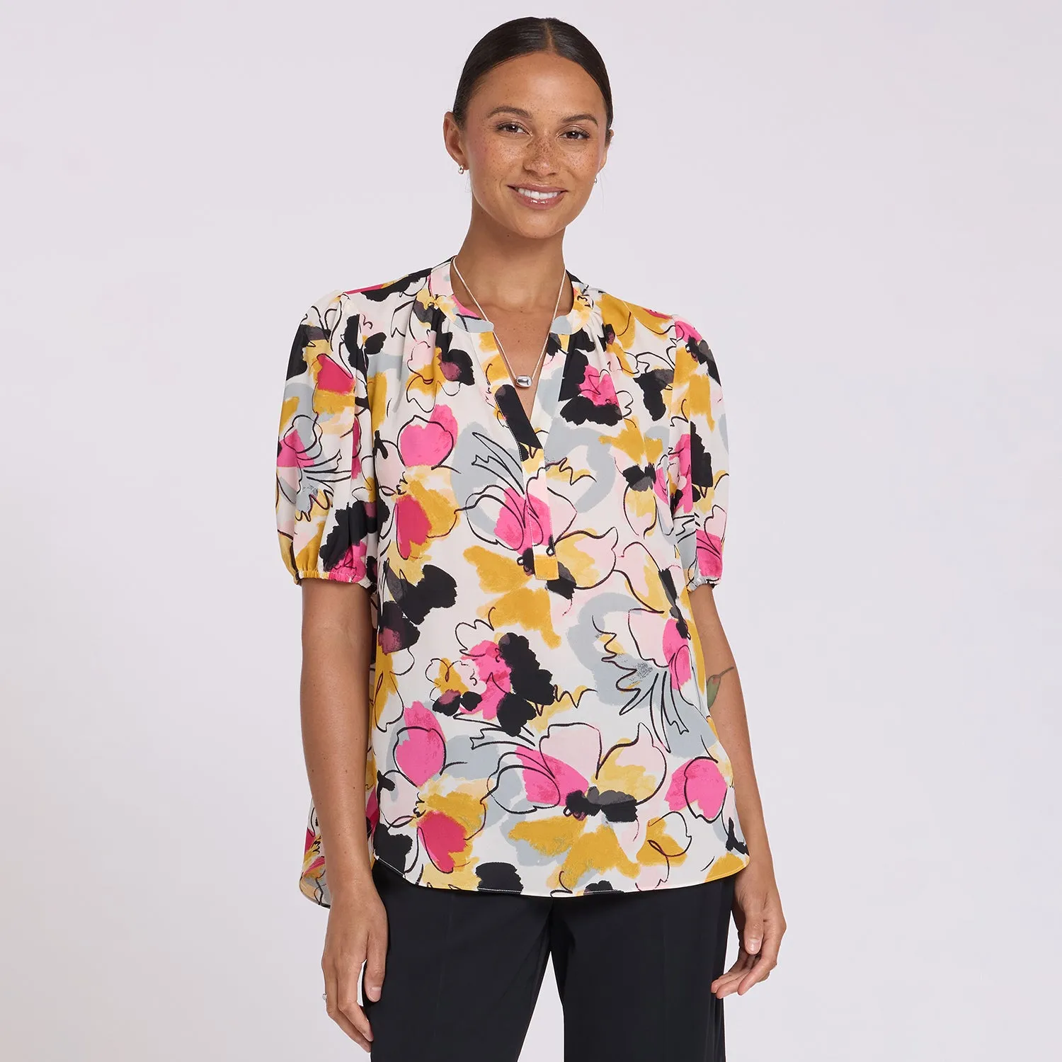 NYDJ Popover Bluse Puffärmel Floral Ballet Kurzarm