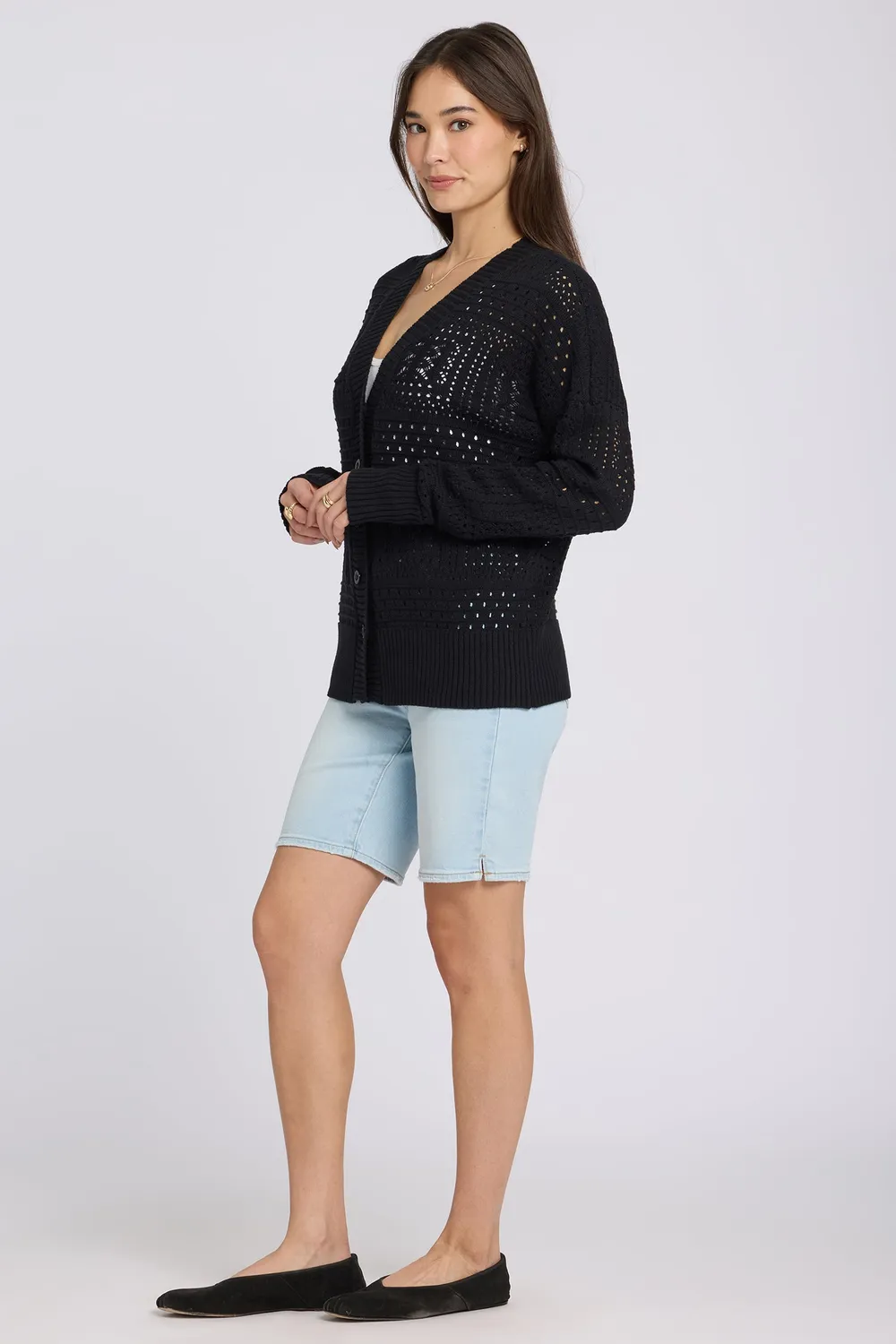 NYDJ Pointelle Cardigan Strickjacke Schwarz Lochstrick