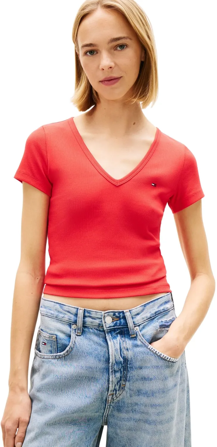 Tommy Jeans Essential Rib V-Ausschnitt T-Shirt Damen Schwarz Slim