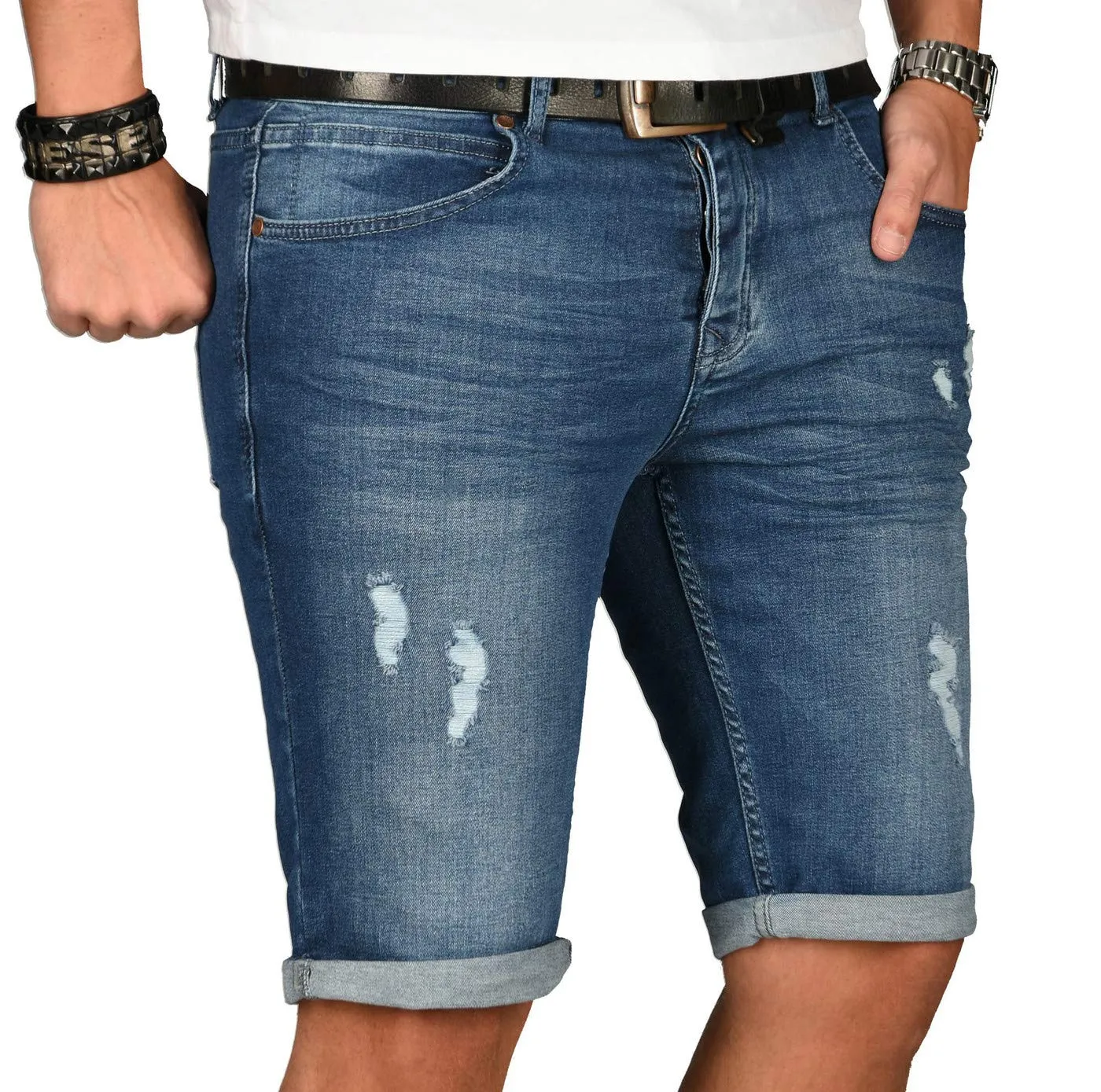 Alessandro Salvarini Herren Jeansshorts Slim Schwarz Used 30W Sommer