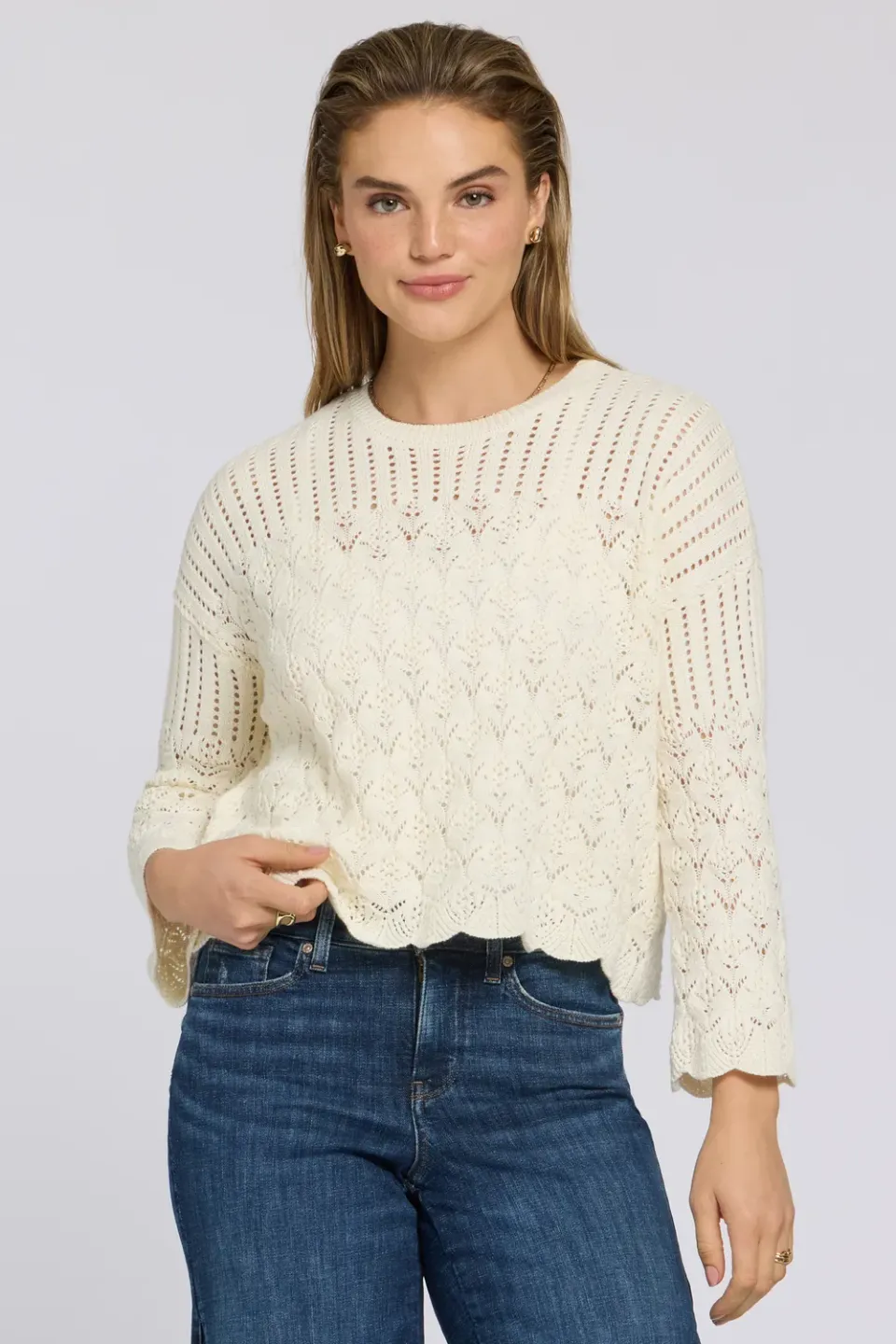 NYDJ Pointelle Popover Bluse Elfenbein Langarm