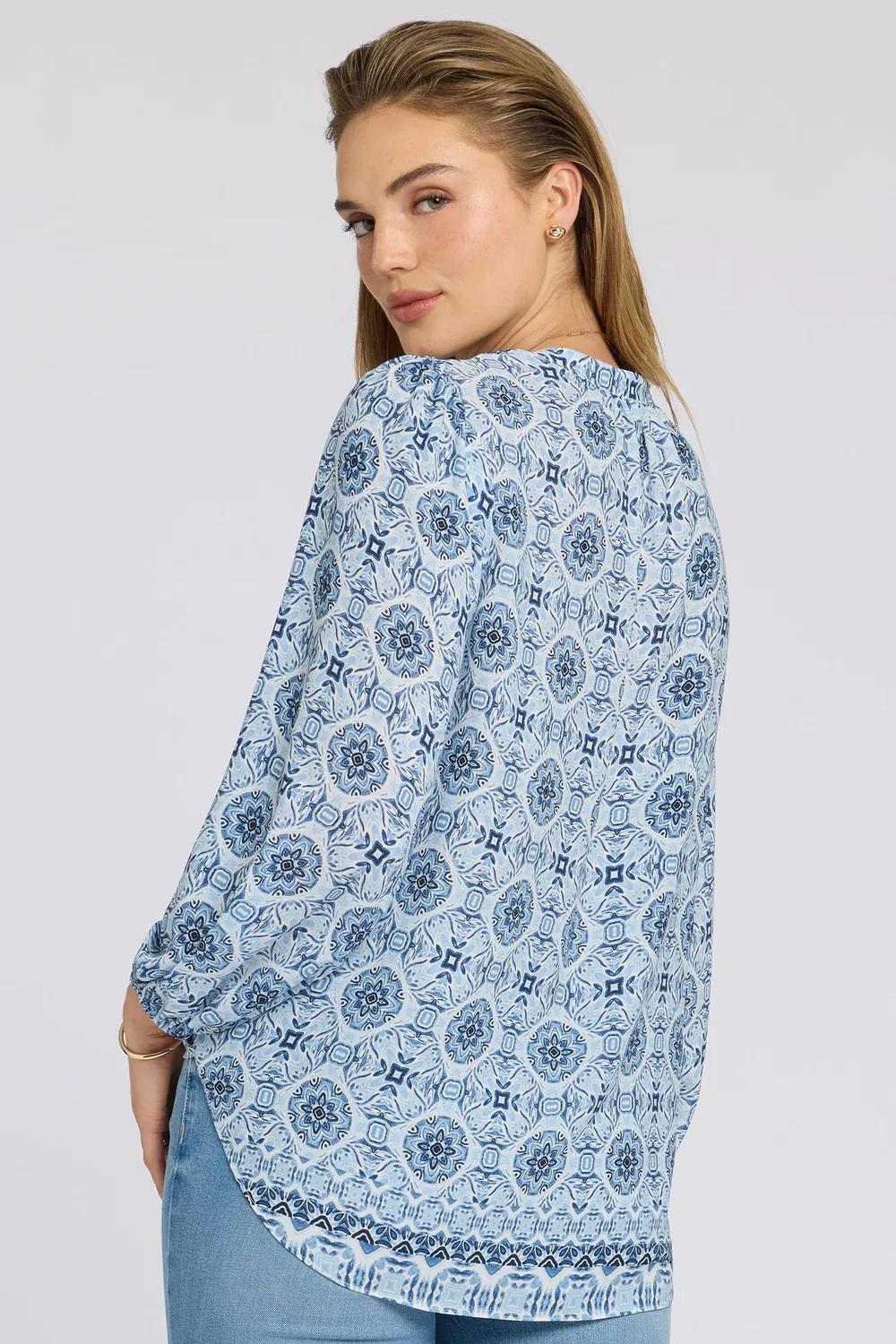 NYDJ Puff Sleeved Popover Bluse Azure Sky Georgette
