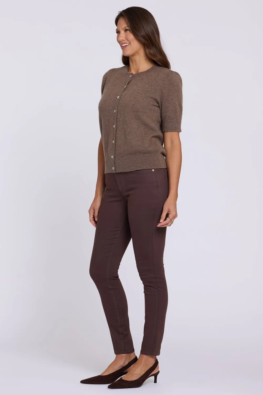 NYDJ Cashmere Short Sleeved Crewneck Cardigan Strickjacke Sepia