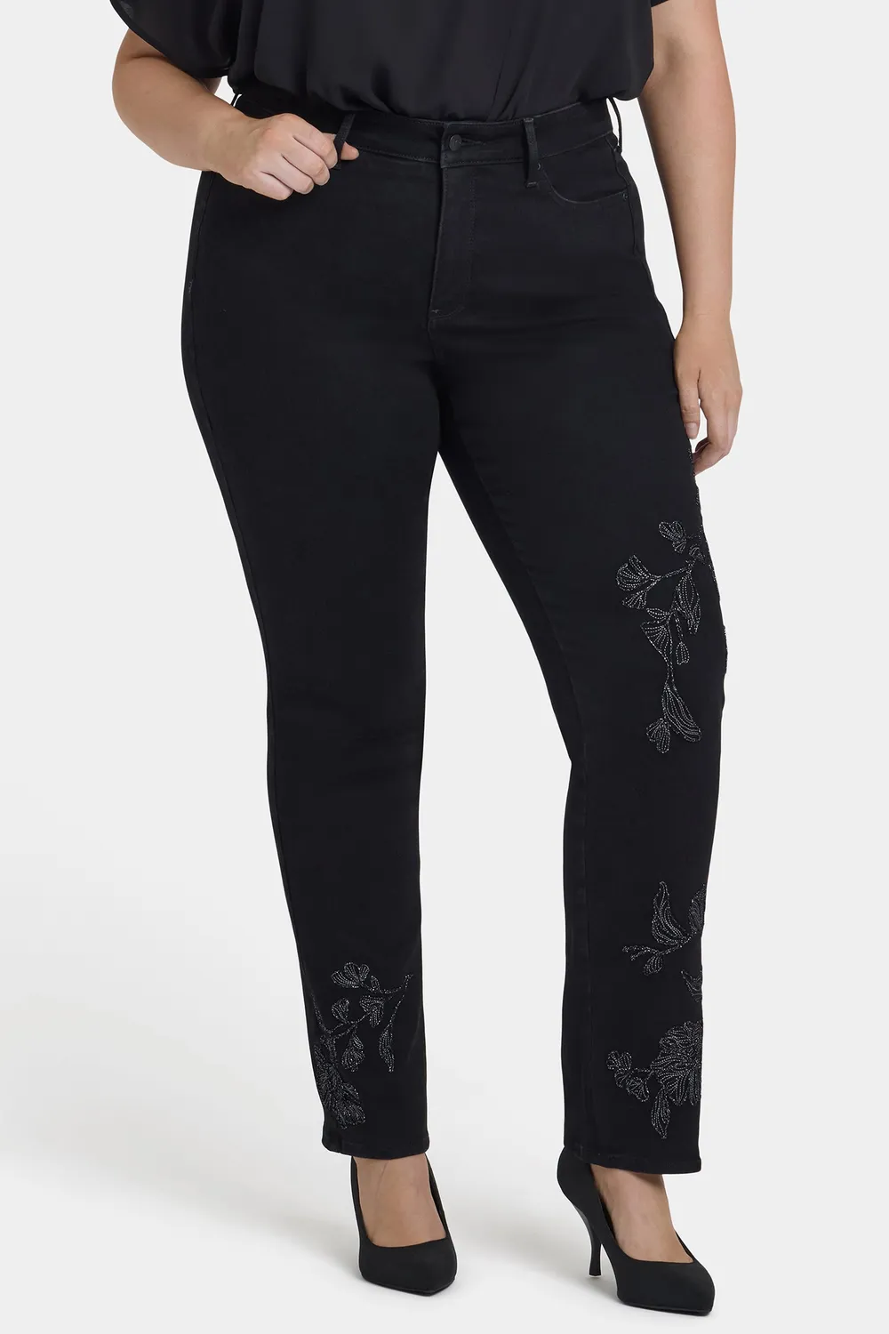 NYDJ Marilyn Straight Plus-Size Jeans Black Rinse bestickt