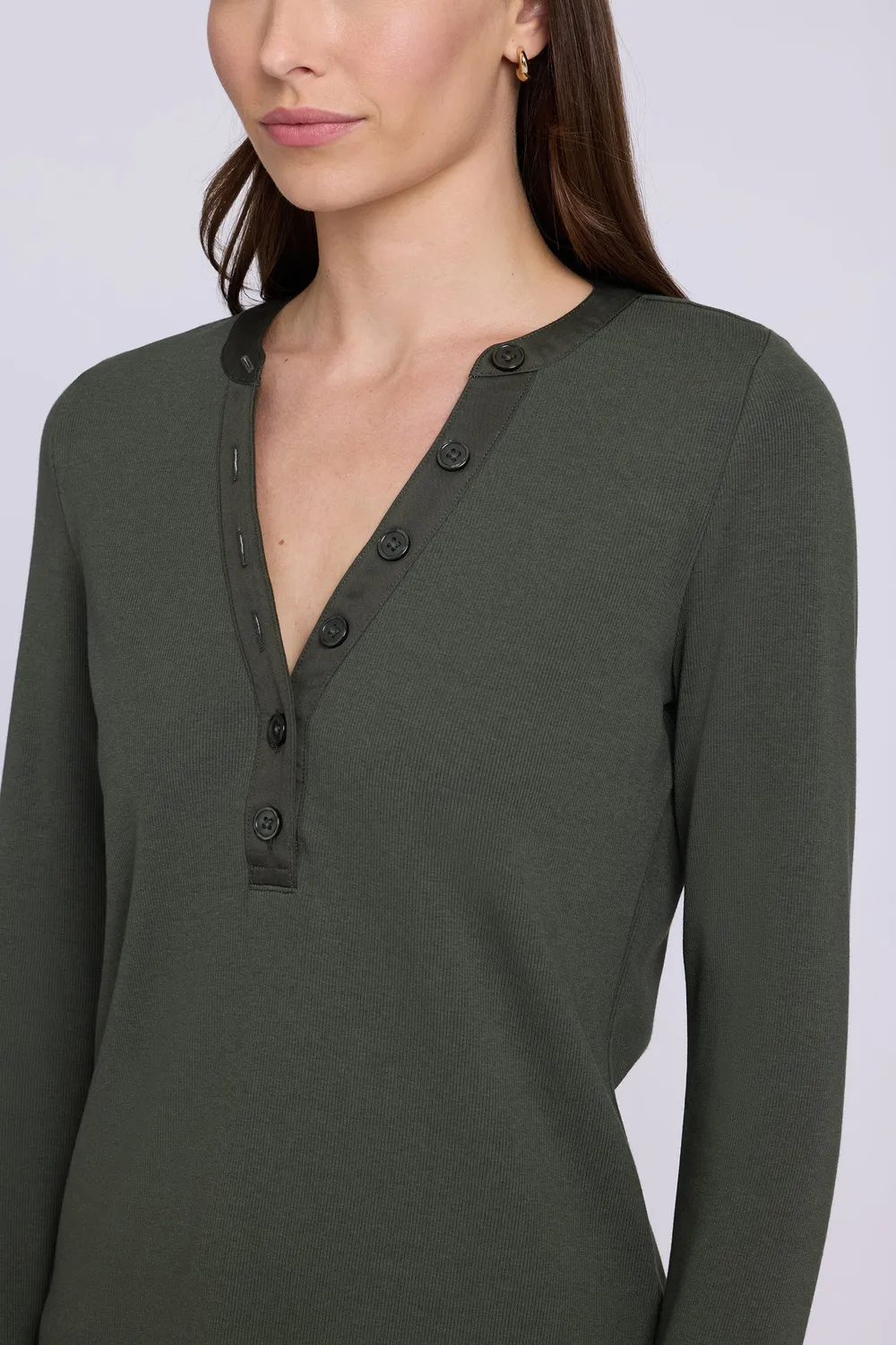 NYDJ Emery Ribbed Henley Pullover True Olive