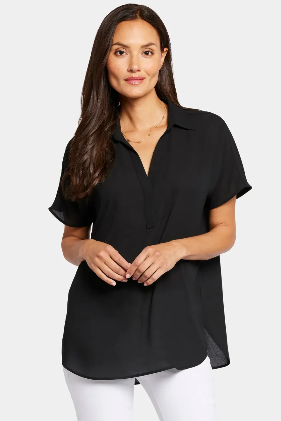 NYDJ Becky Kurzarm Bluse Schwarz Georgette