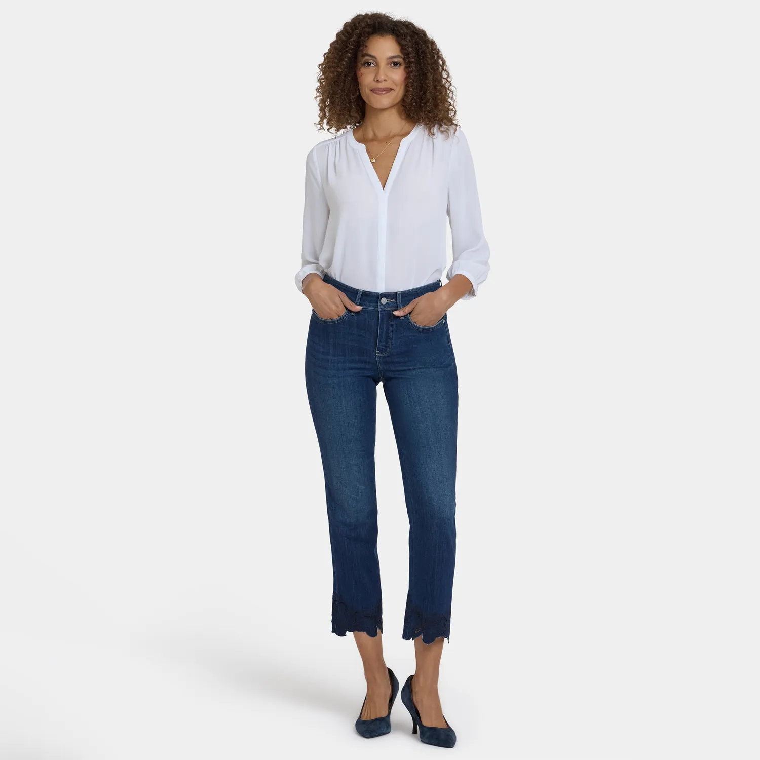 NYDJ Marilyn Straight Ankle Jeans Wonderland Stickerei Blau