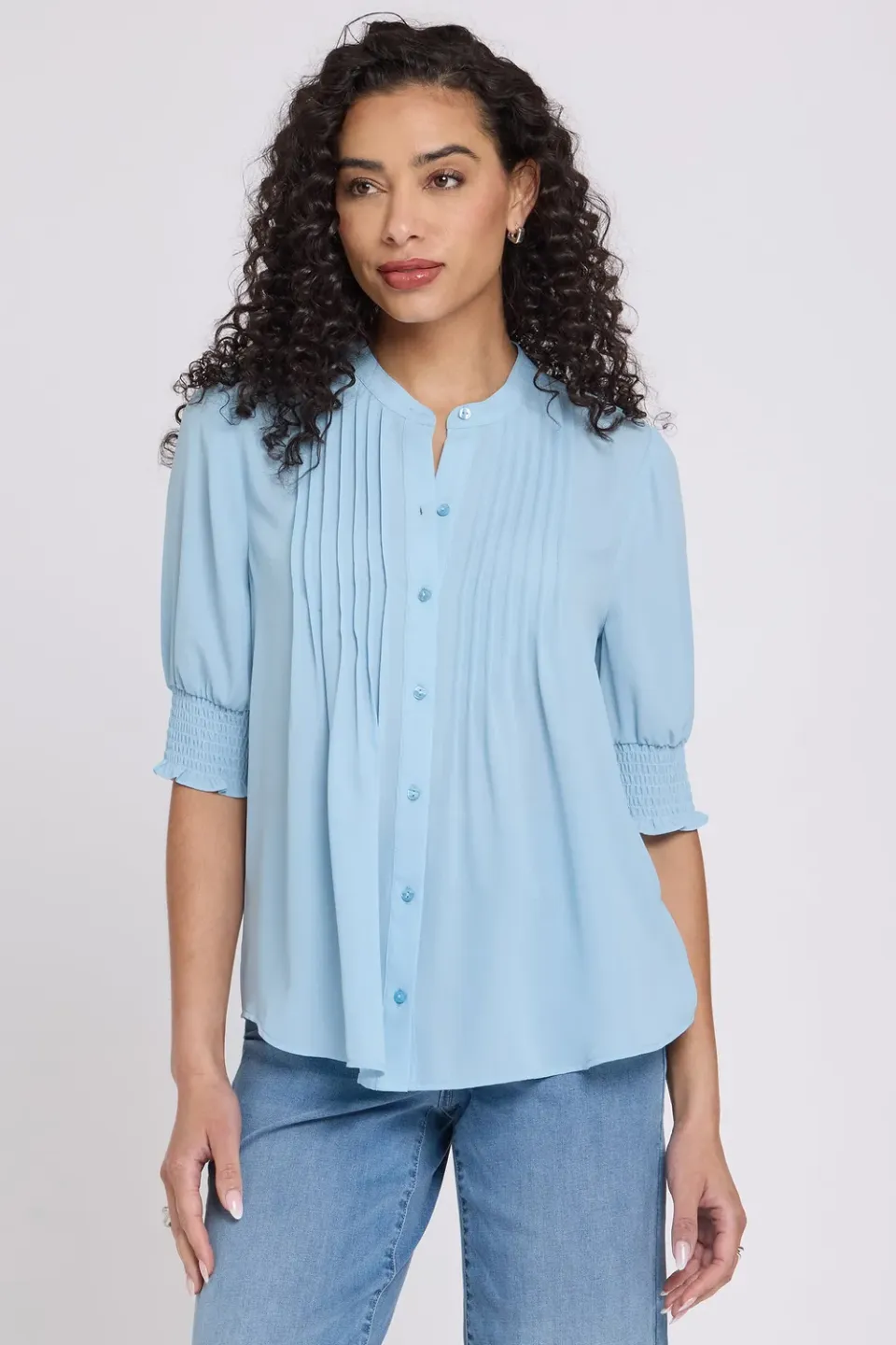 NYDJ Pleated Kurzarm-Bluse Starlight Blau plissiert