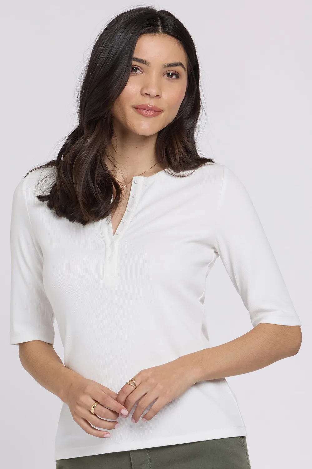 NYDJ Ribbed Elbow Sleeved Henley Shirt Optic White