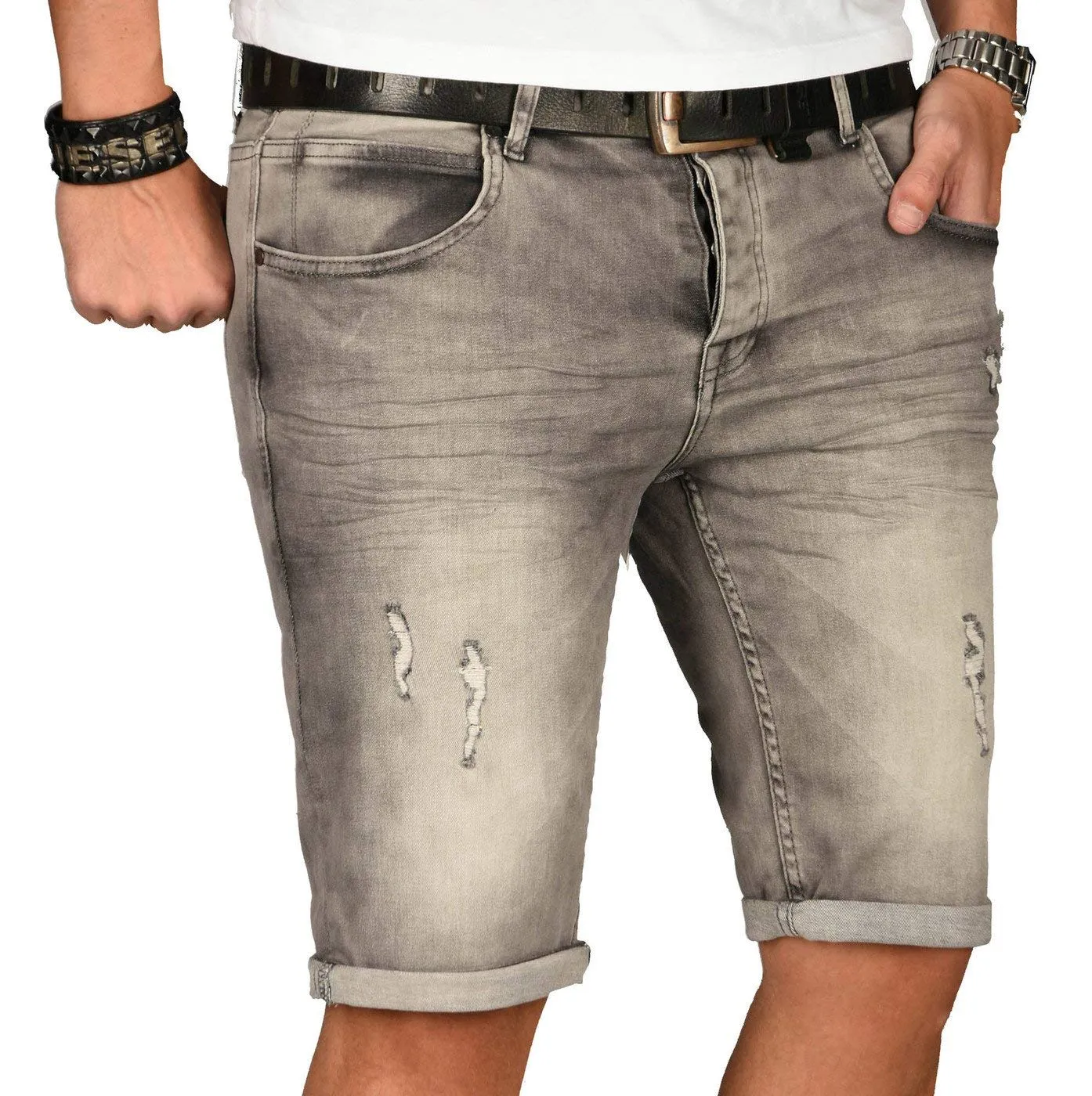 Alessandro Salvarini Designer Jeans Shorts Herren Dunkelblau Used W30