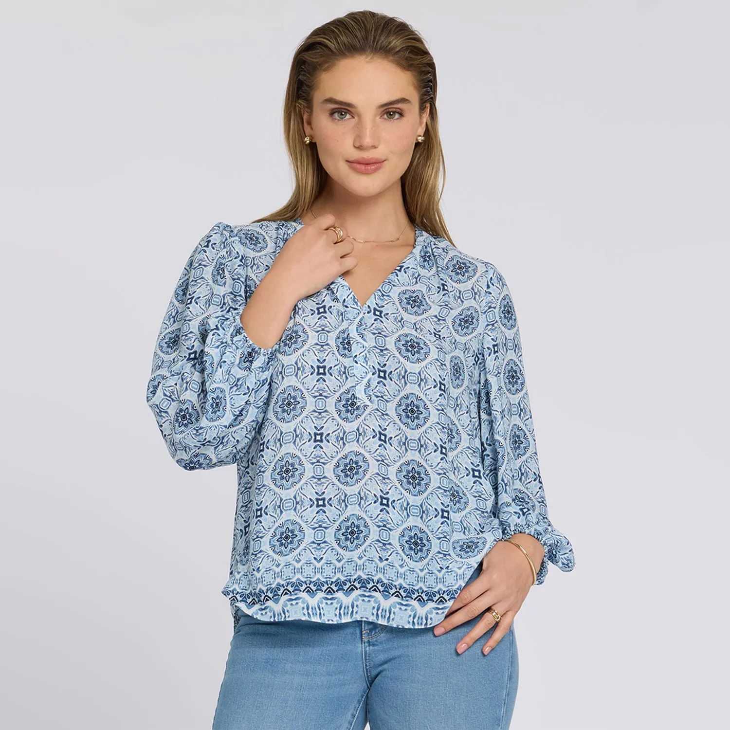 NYDJ Puff Sleeved Popover Bluse Azure Sky Georgette