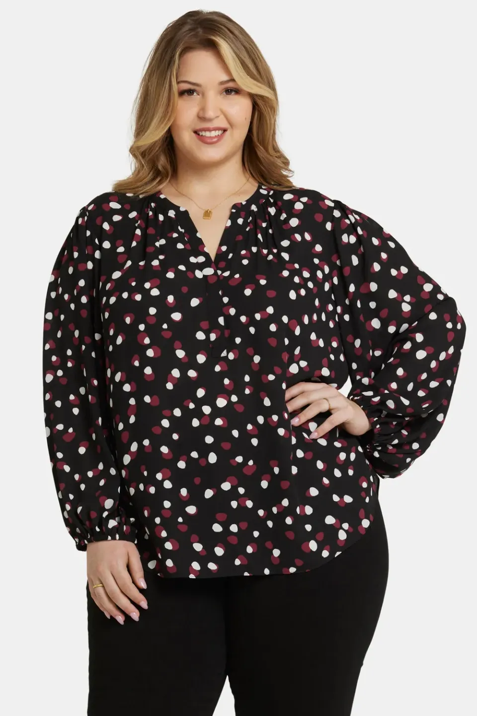 NYDJ Puff Sleeve Popover Top Watkins Dot Plus schwarz