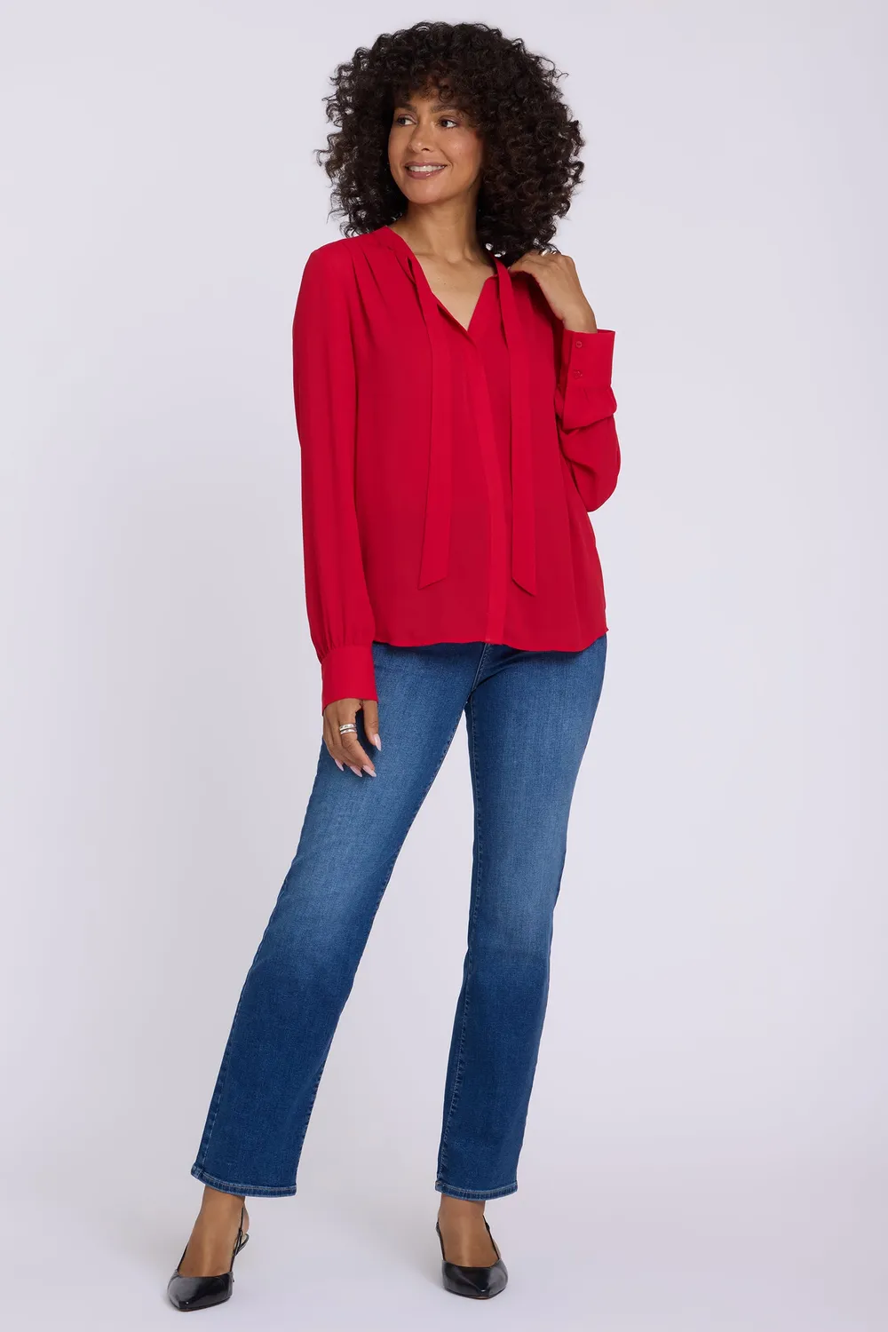NYDJ Tie-Neck Bluse Passion Rot Schleife Langarm
