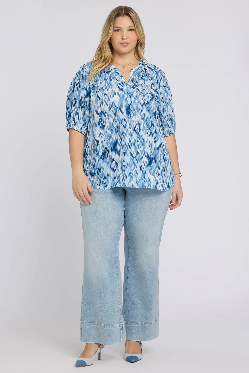 NYDJ Short Puff Sleeved Popover Top Bluse Blue Visions Plus