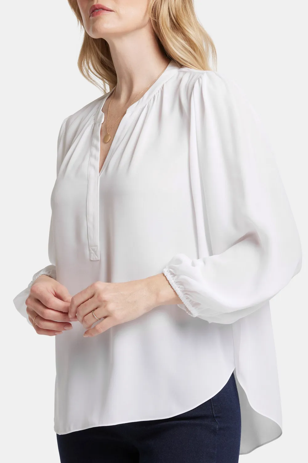 NYDJ Puff Sleeve Popover Bluse Optic White Georgette