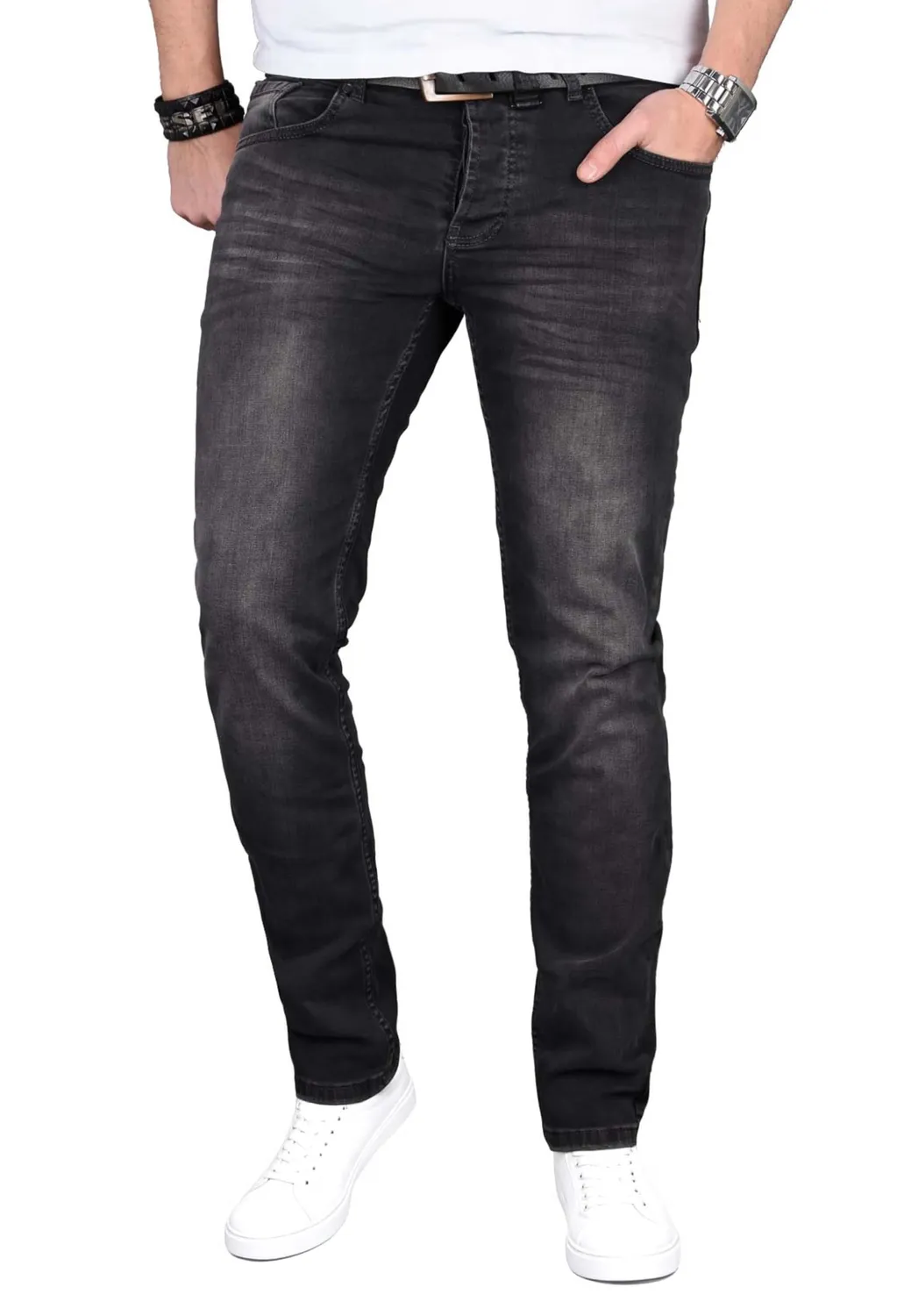 Alessandro Salvarini Herren Slim Fit Jeans Stretch Schwarz Washed