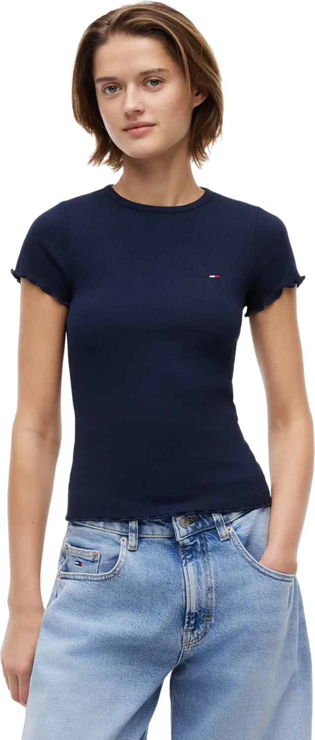Tommy Jeans TJW Slim Lettuce Edge Rib SS T-Shirt Ecru Wellensaum