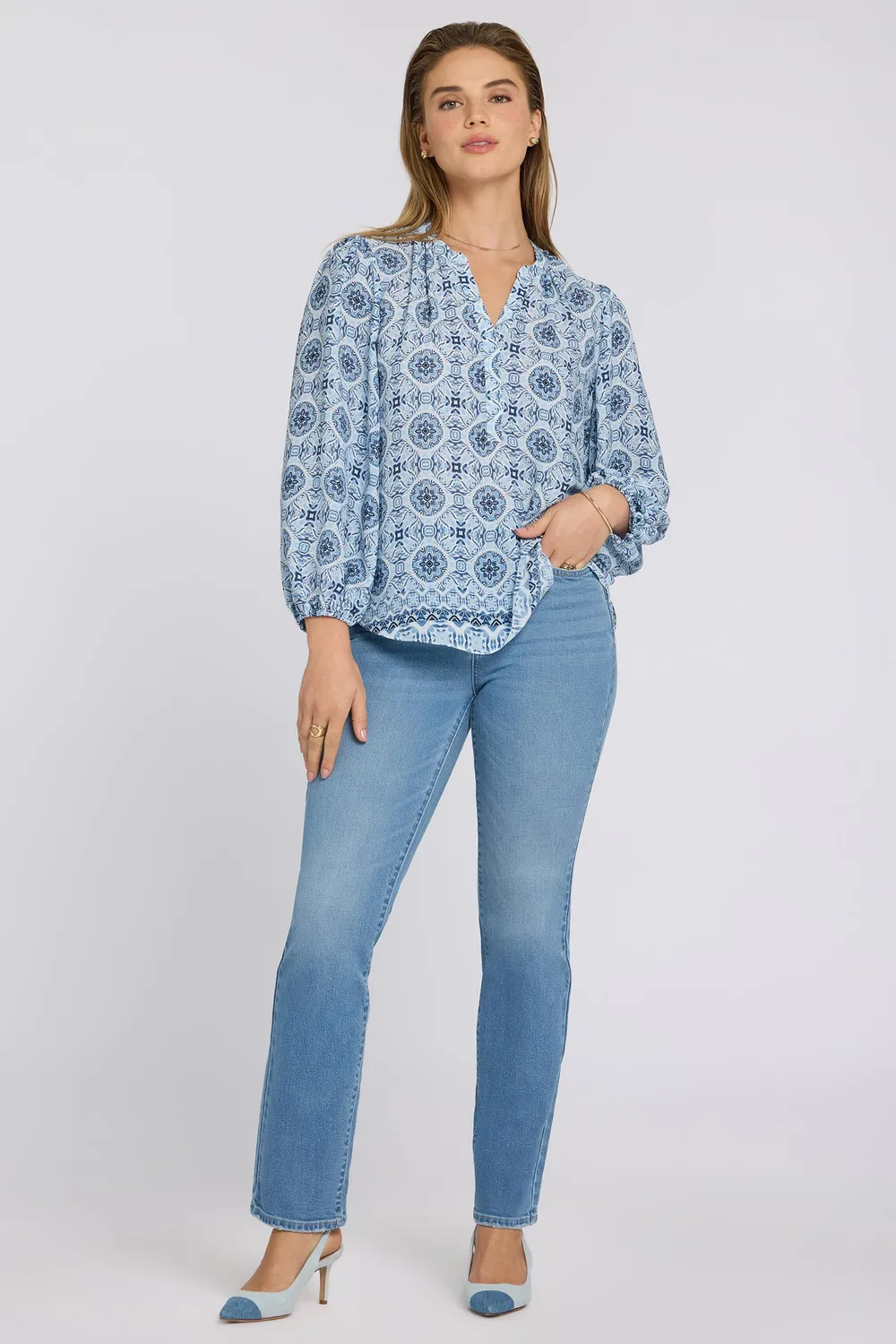 NYDJ Puff Sleeved Popover Bluse Azure Sky Georgette