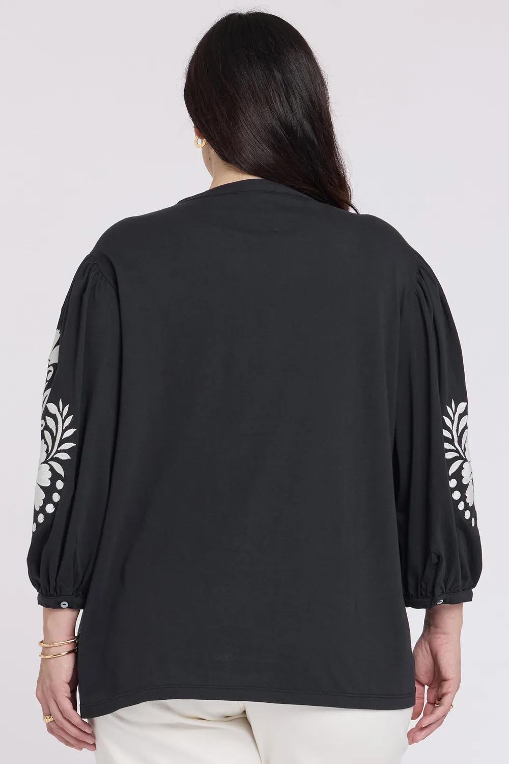 NYDJ Embroidered Knit Bluse Black Ivory Baumwolle