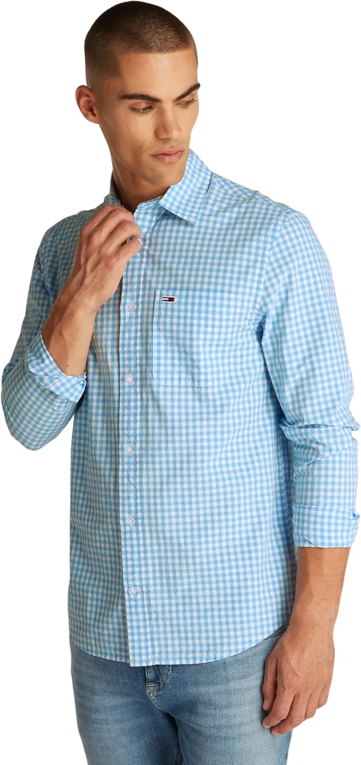 Tommy Jeans Poplin Check Herrenhemd XS Schwarz Karo