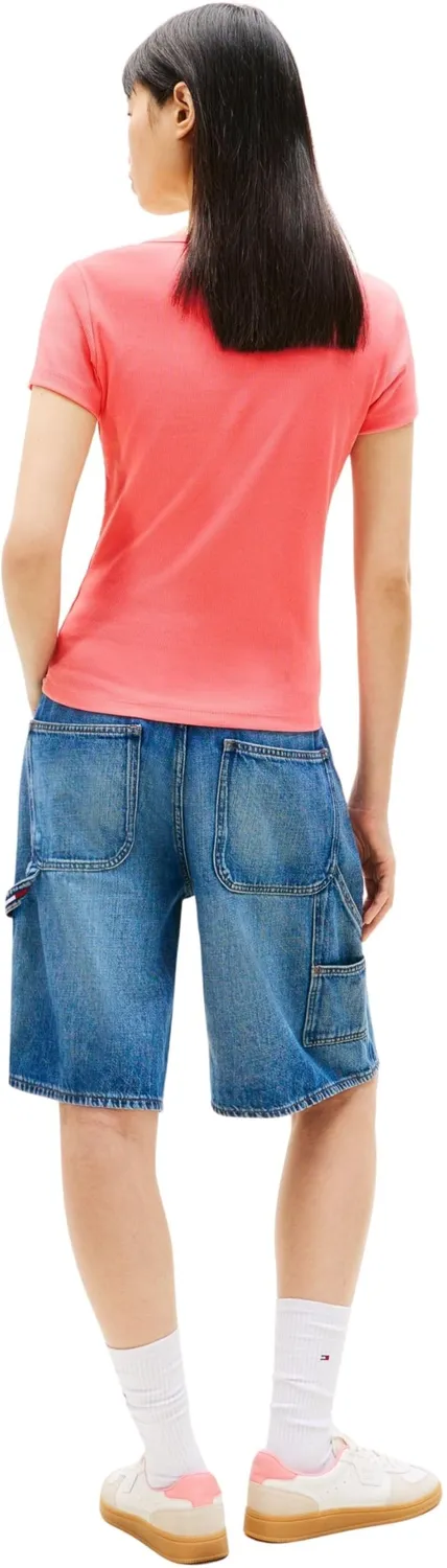 Tommy Jeans Essential Rib V-Ausschnitt T-Shirt Damen Schwarz Slim