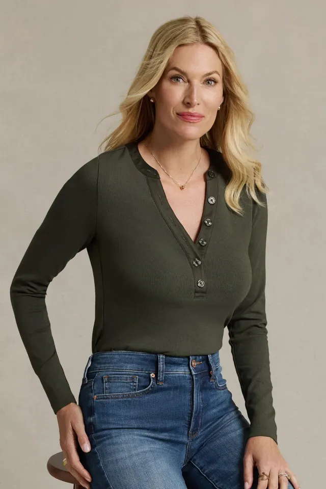 NYDJ Emery Ribbed Henley Pullover True Olive