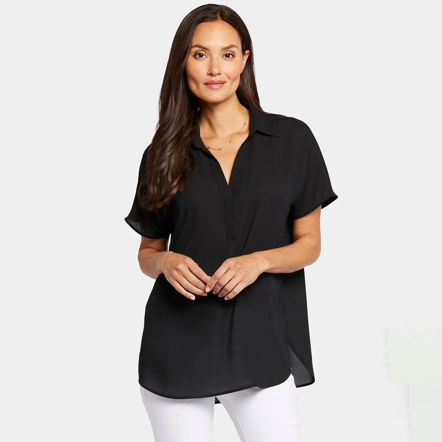 NYDJ Becky Kurzarm Bluse Schwarz Georgette