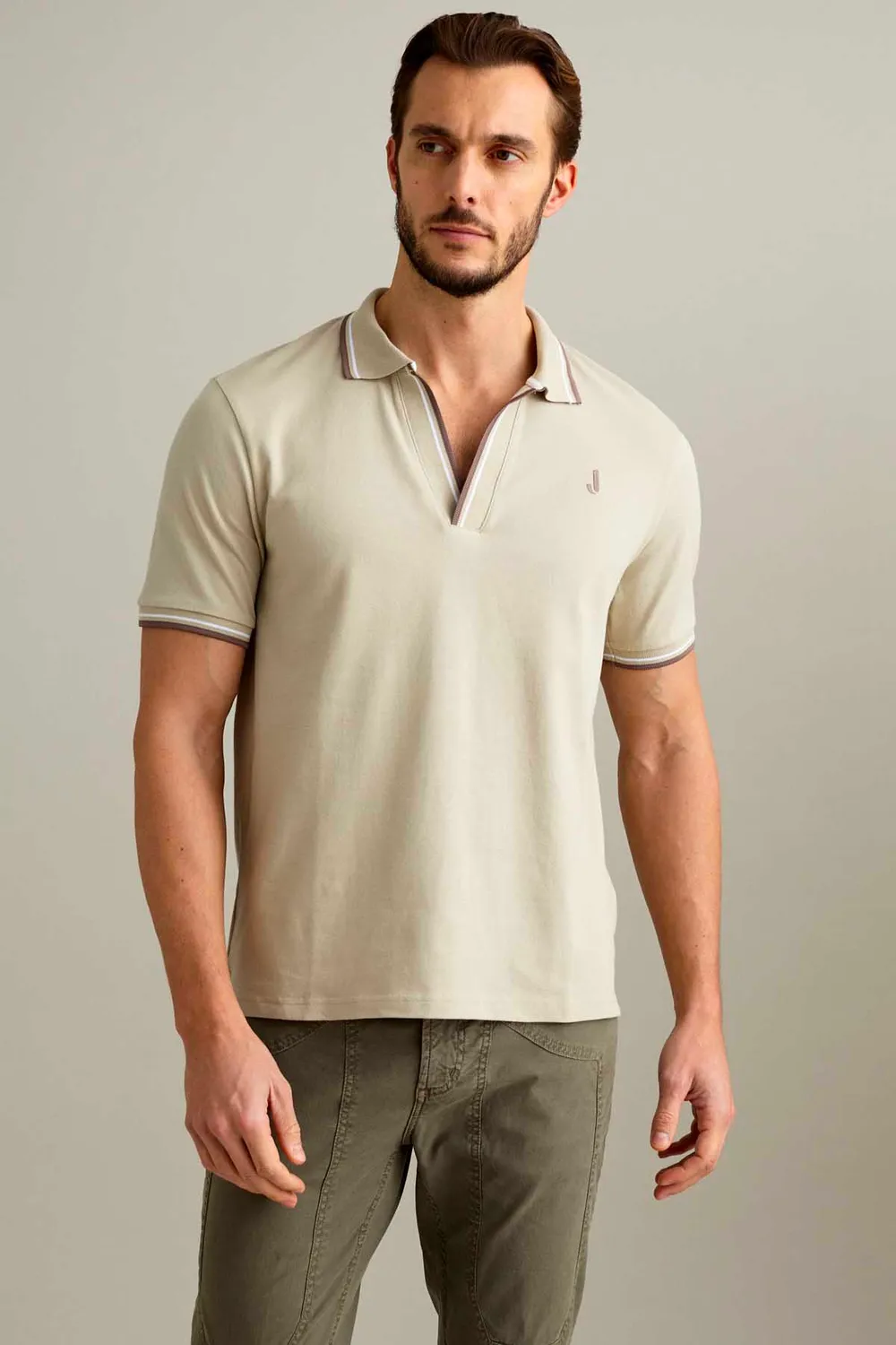 Jeckerson Polo V-Ausschnitt Polohemd Hellbeige Piquet