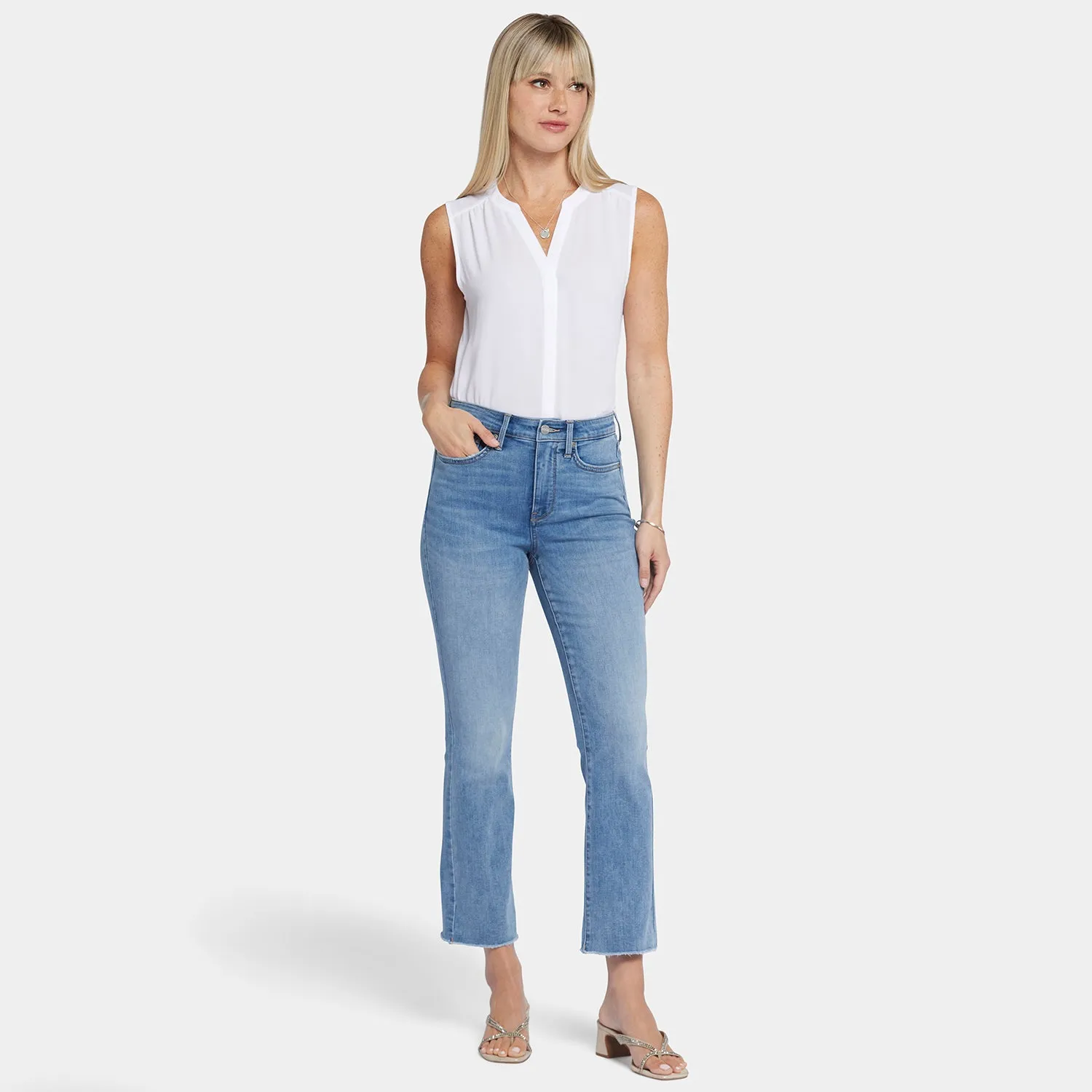 NYDJ Slim Bootcut Ankle Jeans Blau Fransensaum
